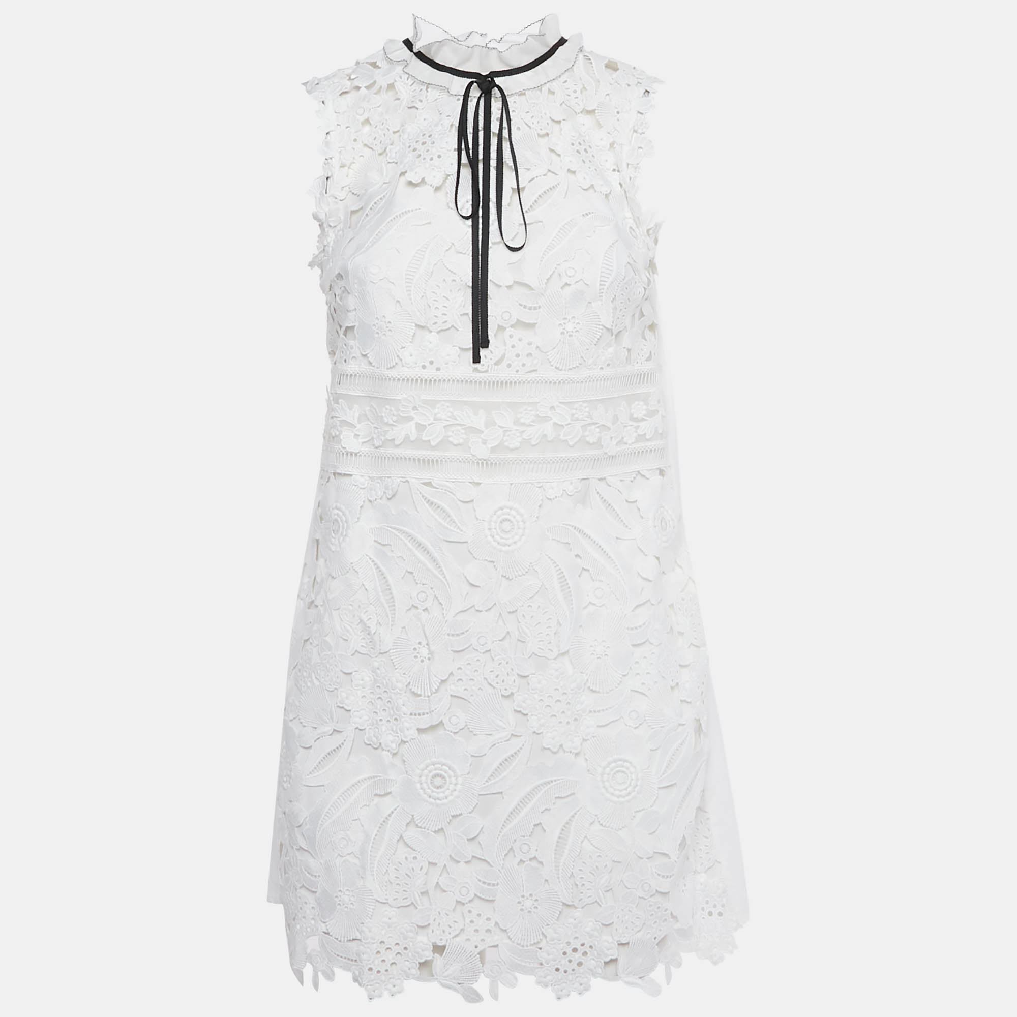

Self-Portrait White Guipure Lace Bow Detail Mini Dress S