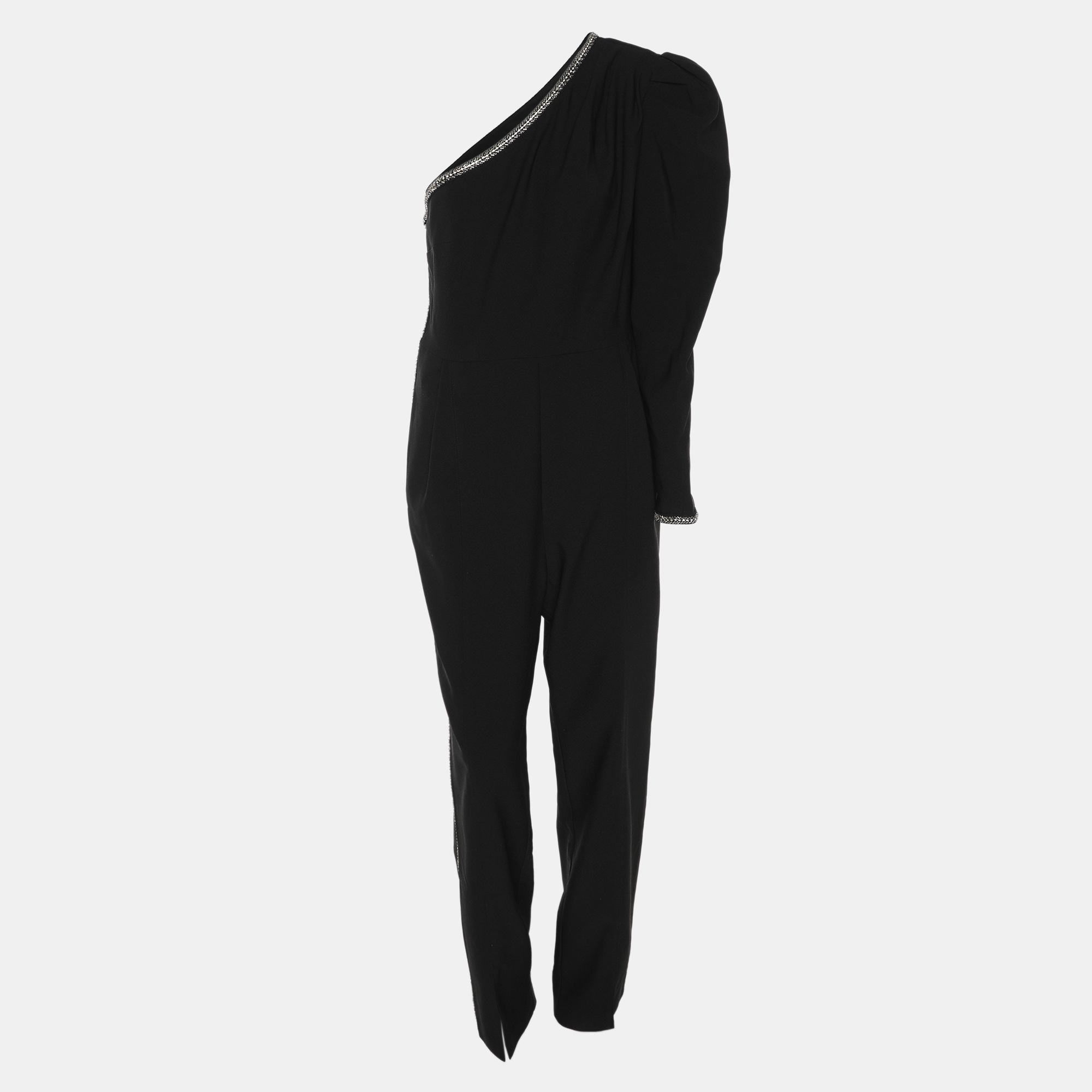 

Self-Portrait Black Stretch Crepe Crystal Embellished One Shoulder Jumpsuit M