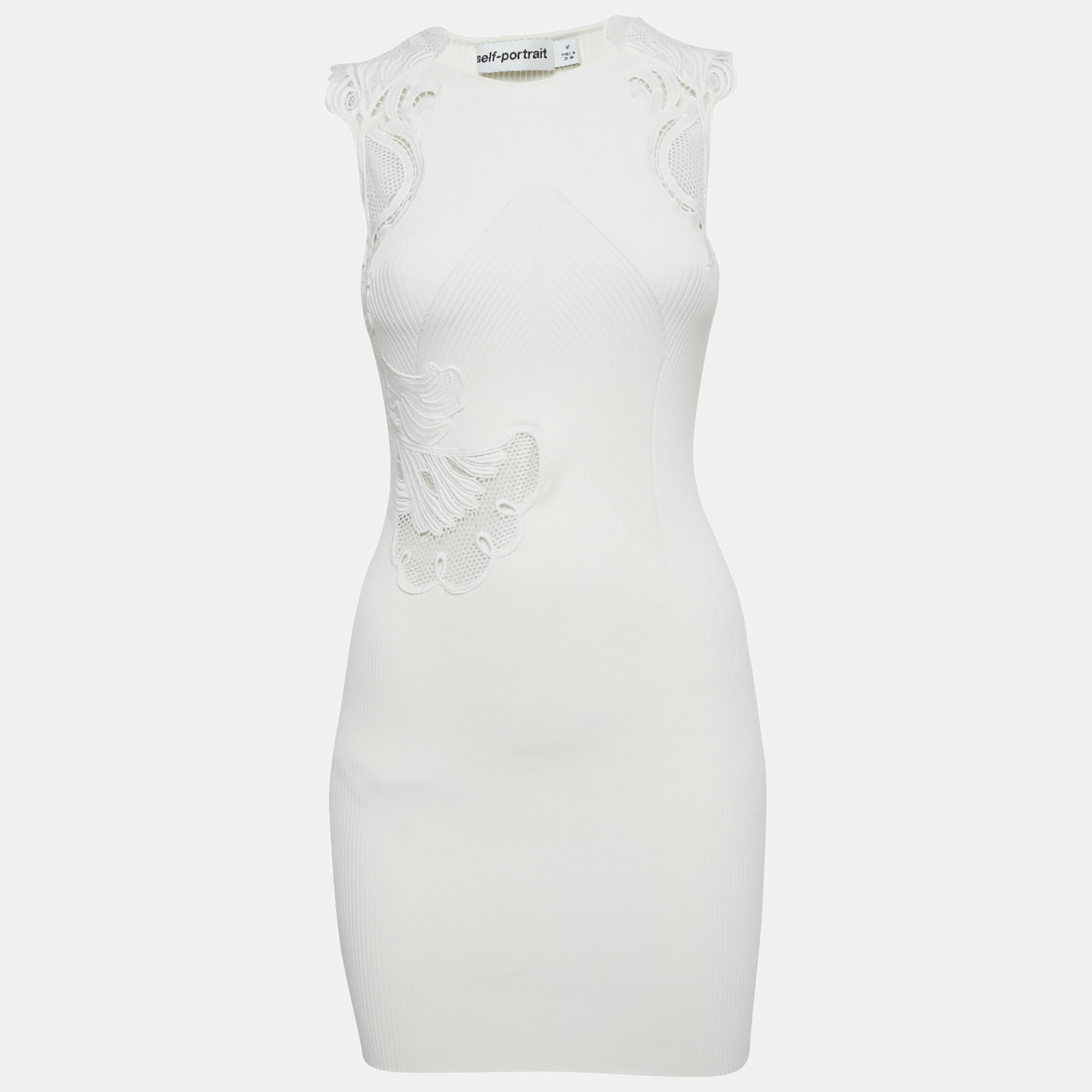 Pre-owned Self-portrait White Rib Knit Inserted Lace Mini Dress M