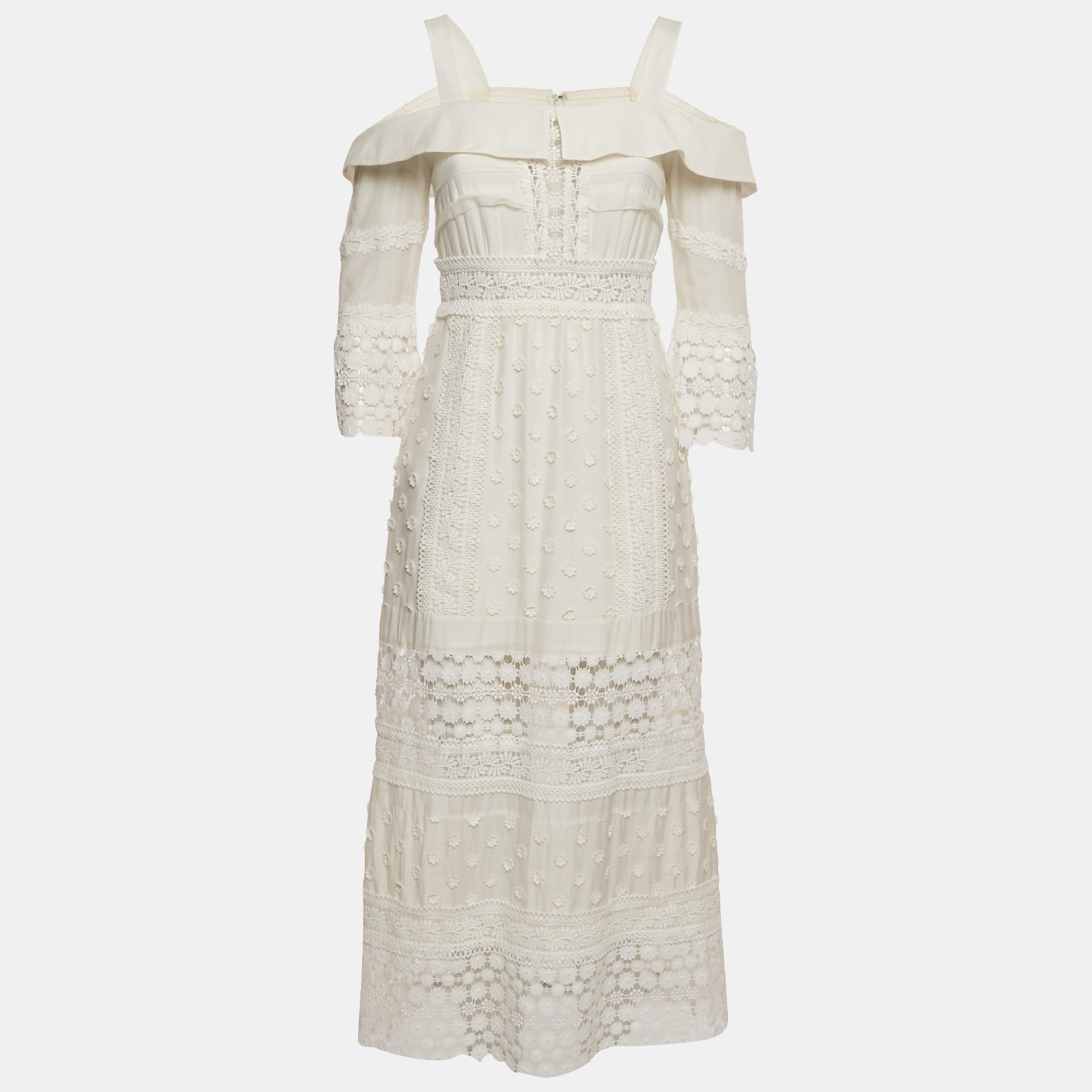 

Self-Portrait White Lace Insert Cotton Midi Dress Dress M