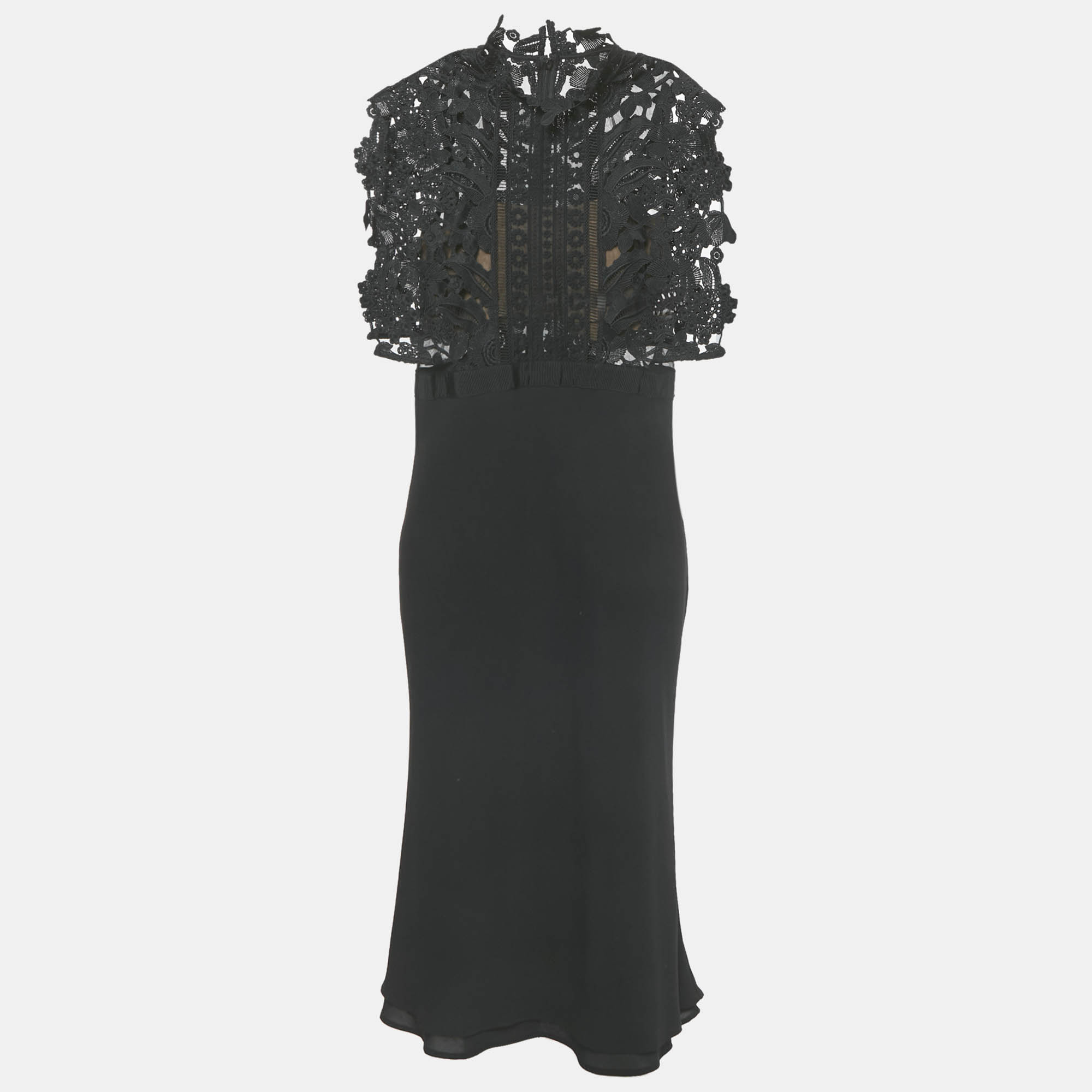 Pre-owned Self-portrait Black Cropped Lace Overlay Crepe Midi Dress M