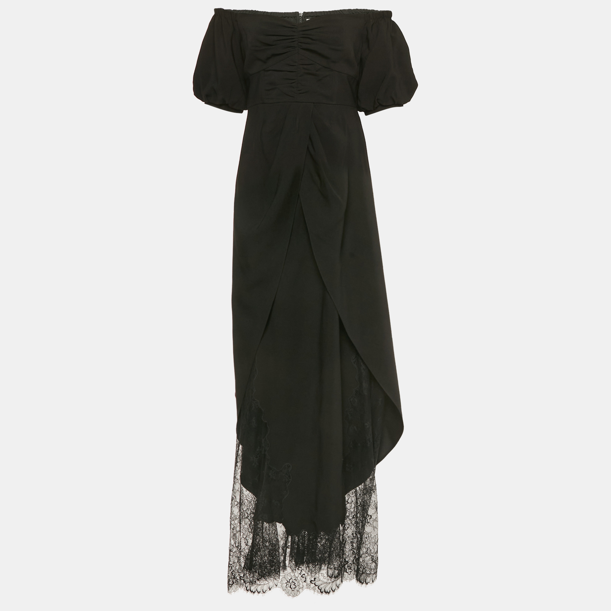 Self-Portrait Black Crepe Off-Shoulder Lace Detail Midi Dress M