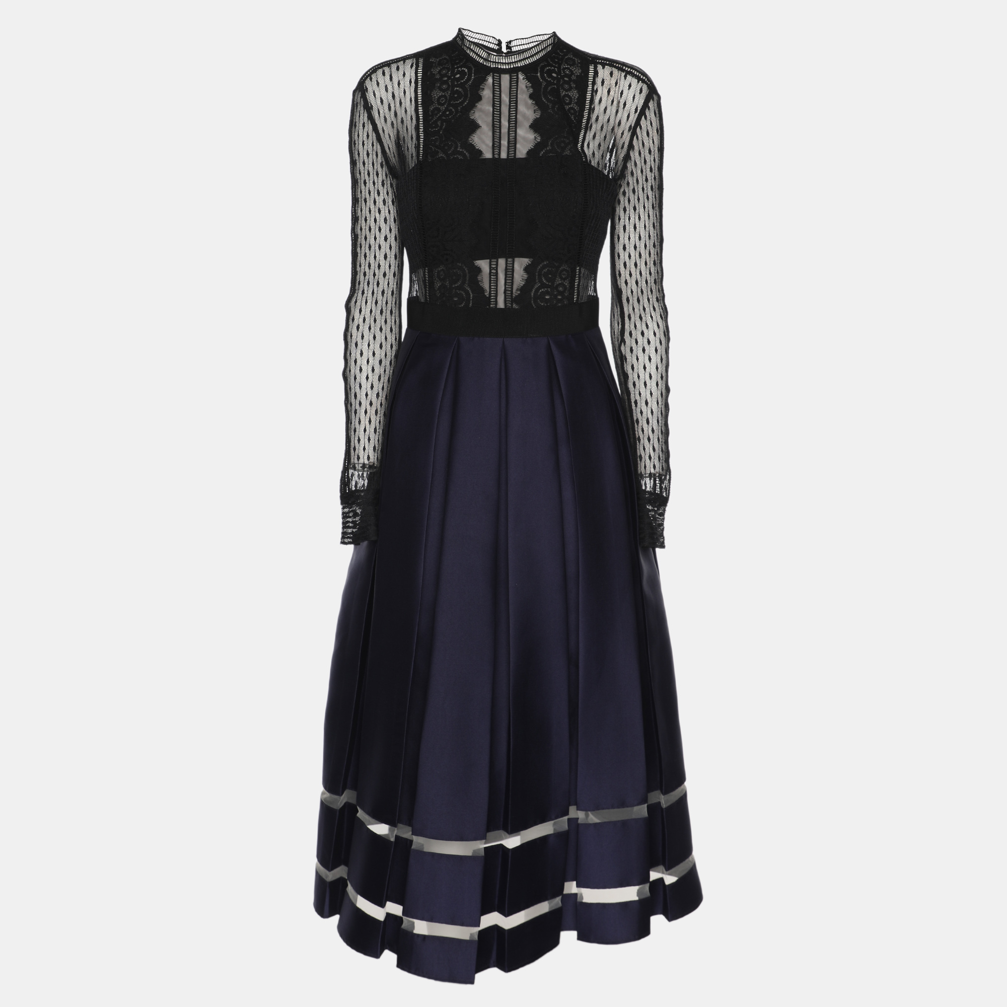 

Self-Portrait Indigo Blue Satin and Lace Long Sleeve Pleated Midi Dress S