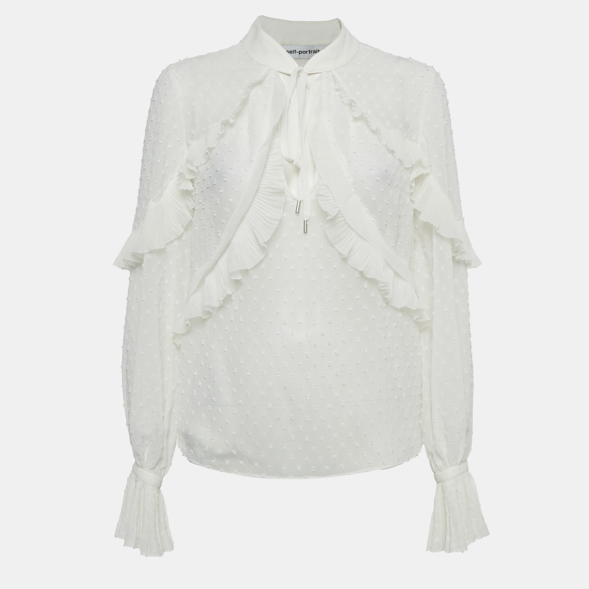 Pre-owned Self-portrait White Swiss Dot Crepe Ruffled Blouse M