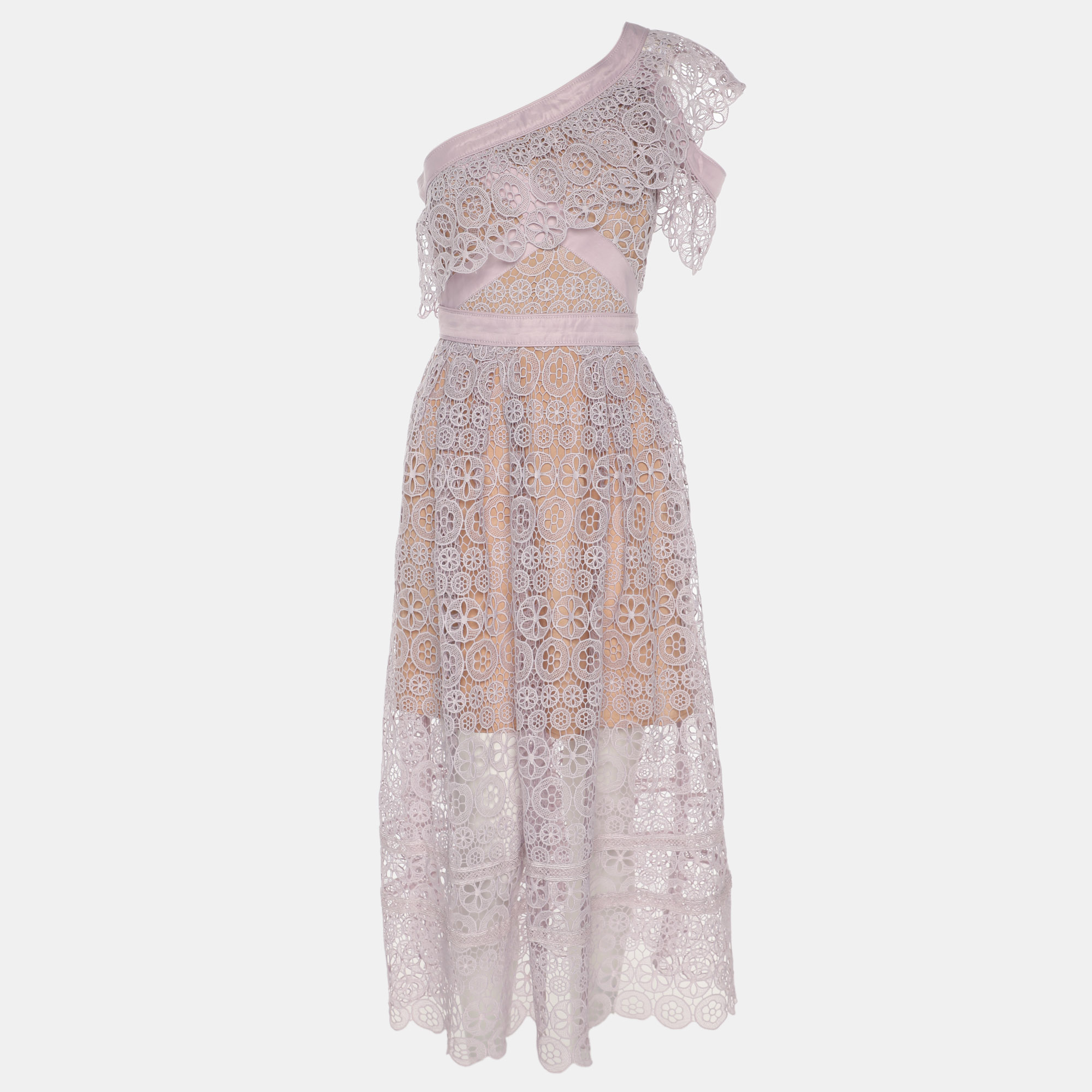 Pre-owned Self-portrait Lilac Lace One Shoulder Midi Dress M In Purple