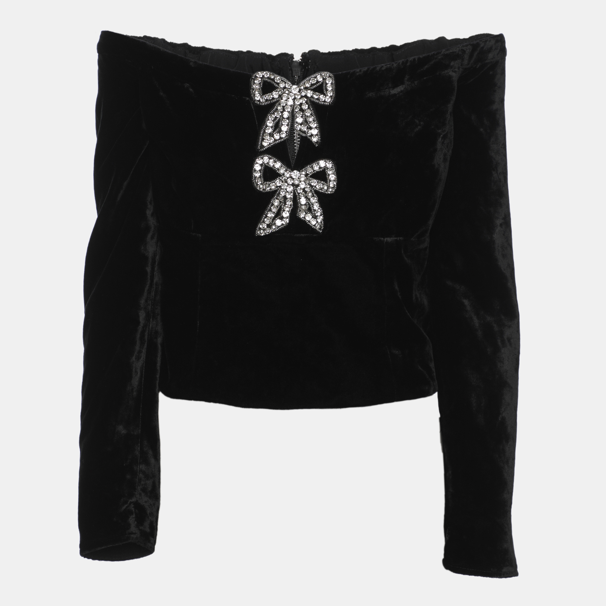 Pre-owned Self-portrait Black Velvet Crystal Embellished Bow Bardot Tops M