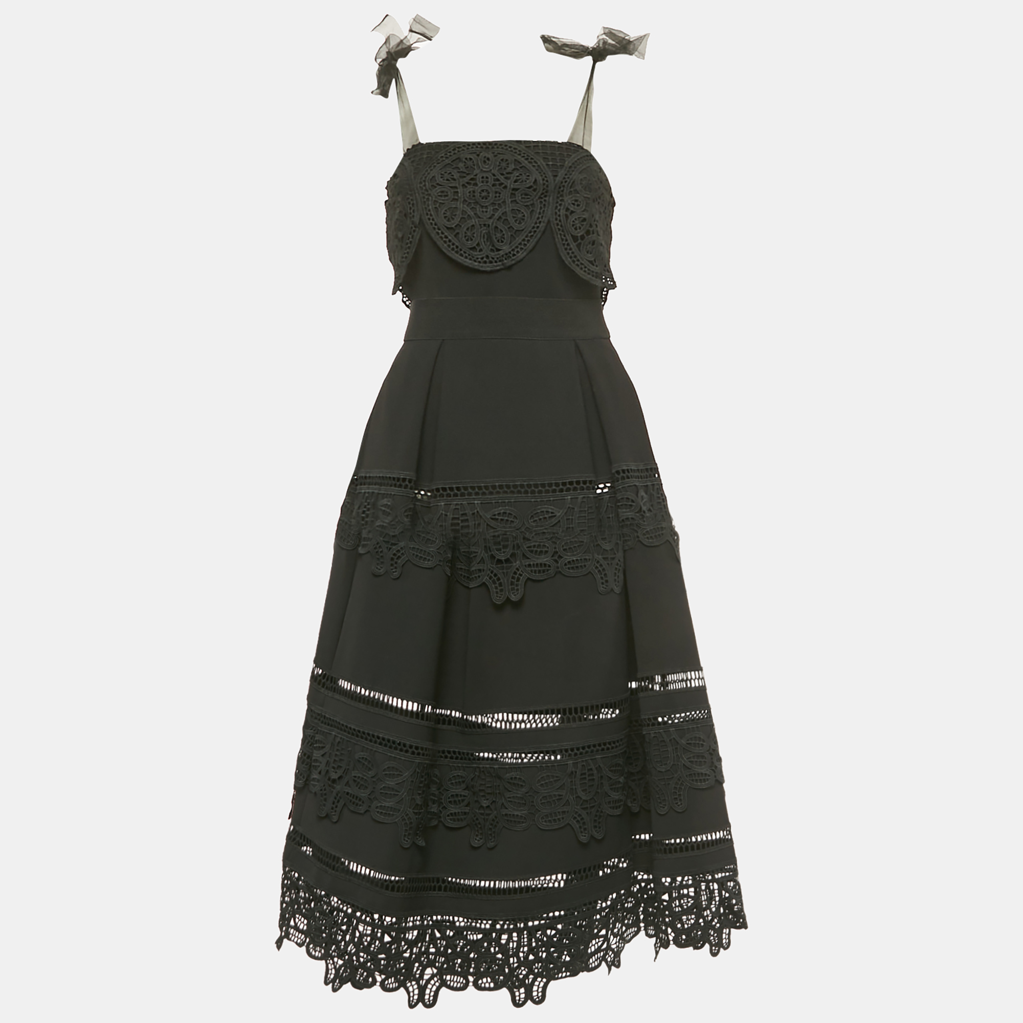 Pre-owned Self-portrait Black Crepe Lace Trim Detail Tie-up Strap Midi Dress S