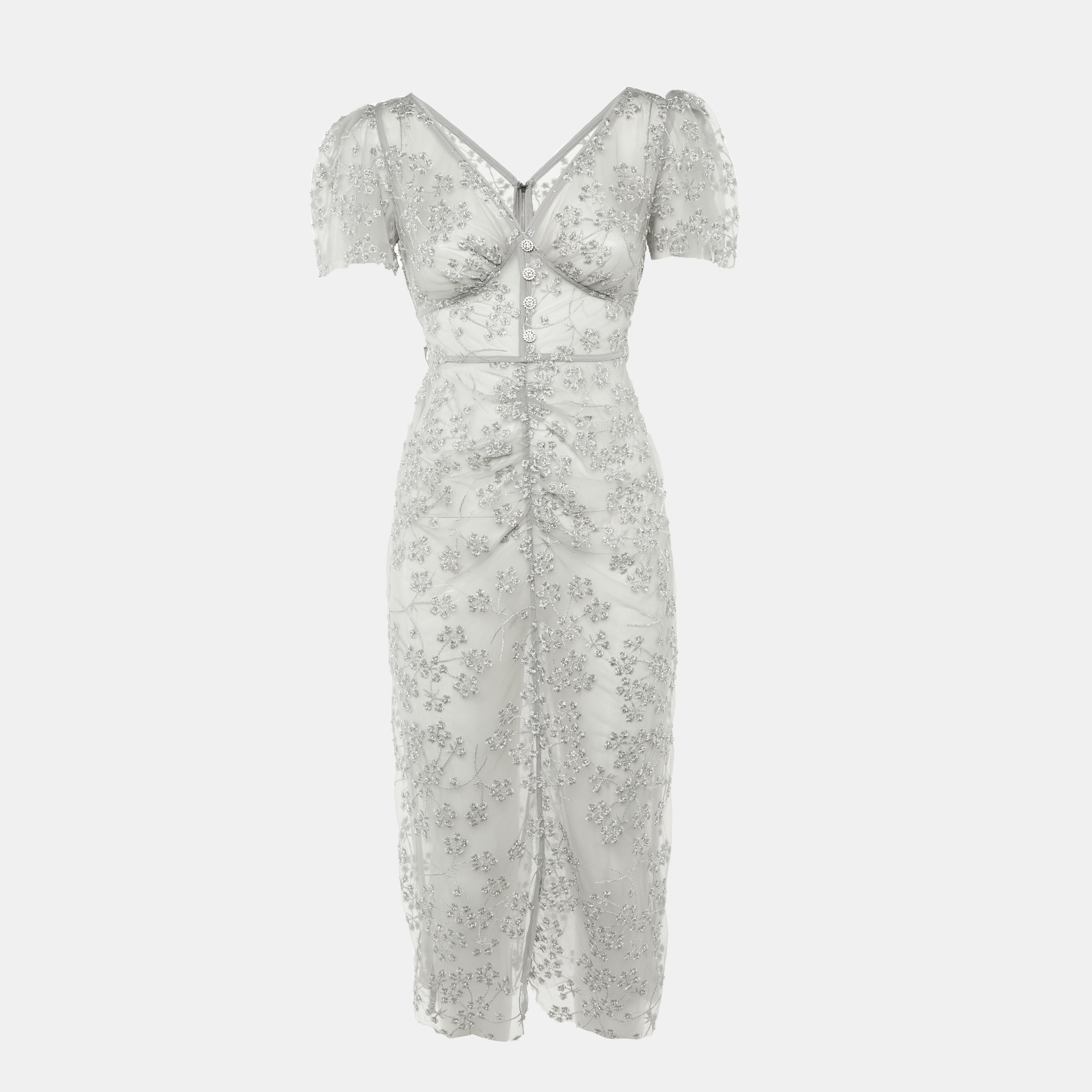 

Self-Portrait Grey Tulle Embroidered Blossom Fitted Midi Dress M