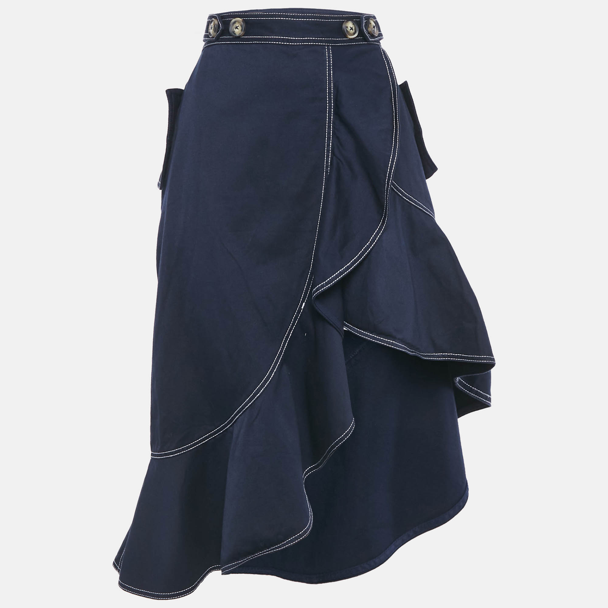 

Self-Portrait Navy Blue Canvas Asymmetric Flounced Hem Skirt M