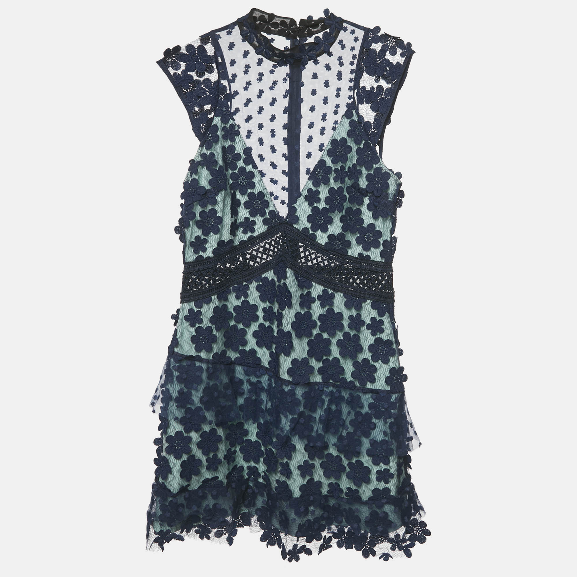 Pre-owned Self-portrait Navy Blue Floral Applique Lace Sleeveless Mini Dress M