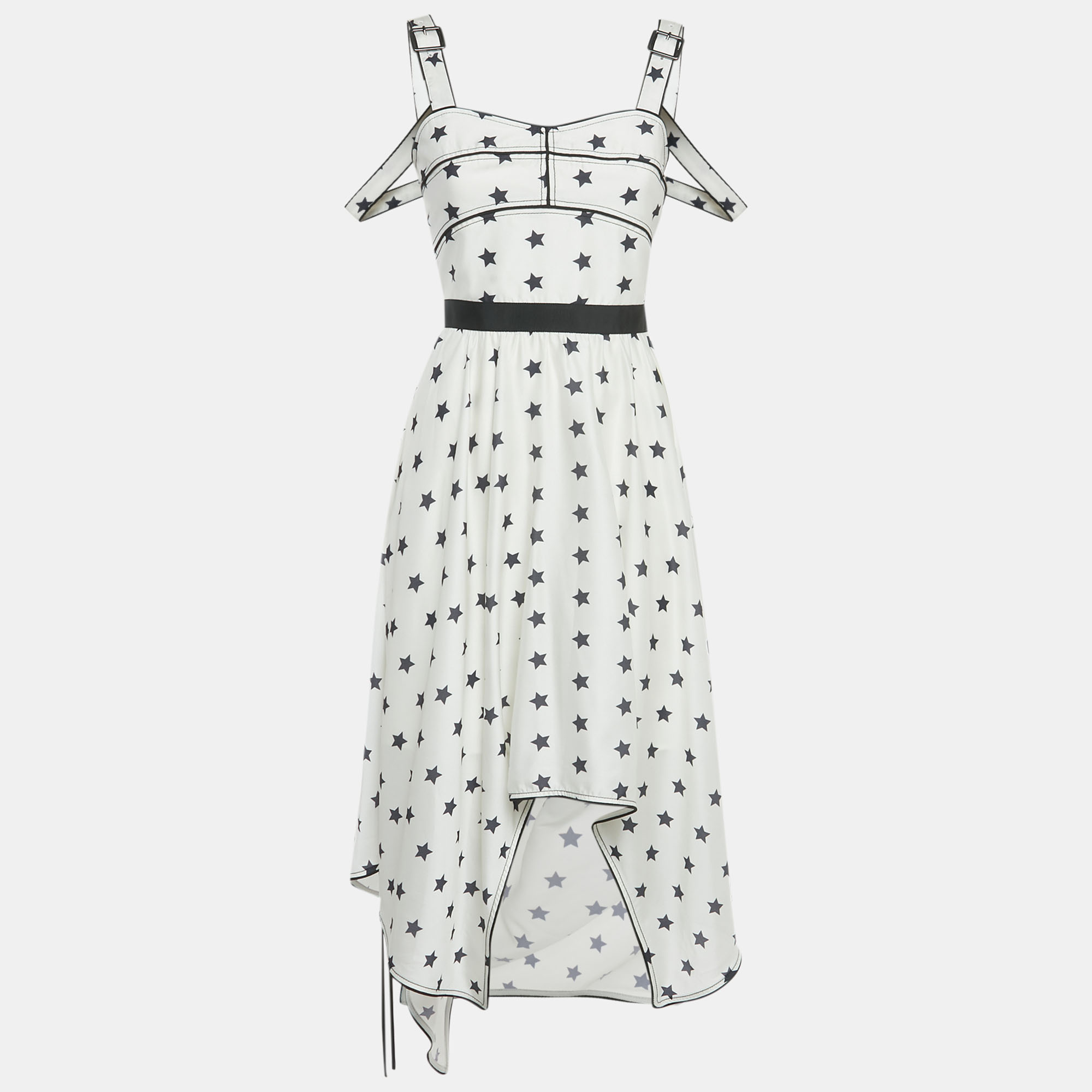 Self-Portrait White Printed Satin Handkerchief Hem Midi Dress S