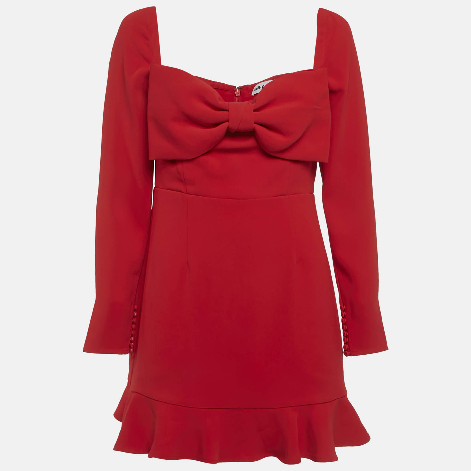 

Self-Portrait Red Crepe Bow Detail Flounce Mini Dress M