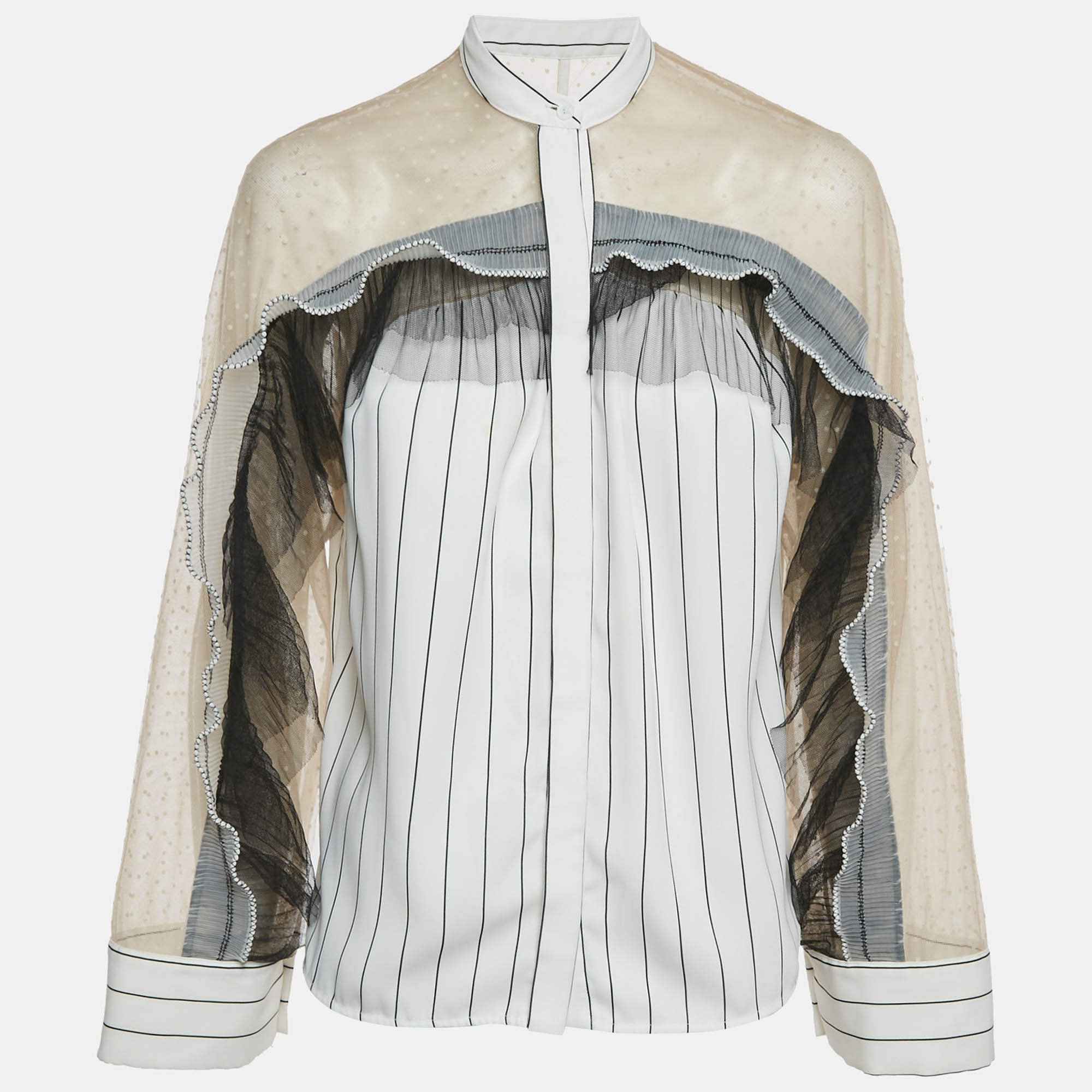 

Self-Portrait White Striped Tulle Trim Crepe Shirt XS