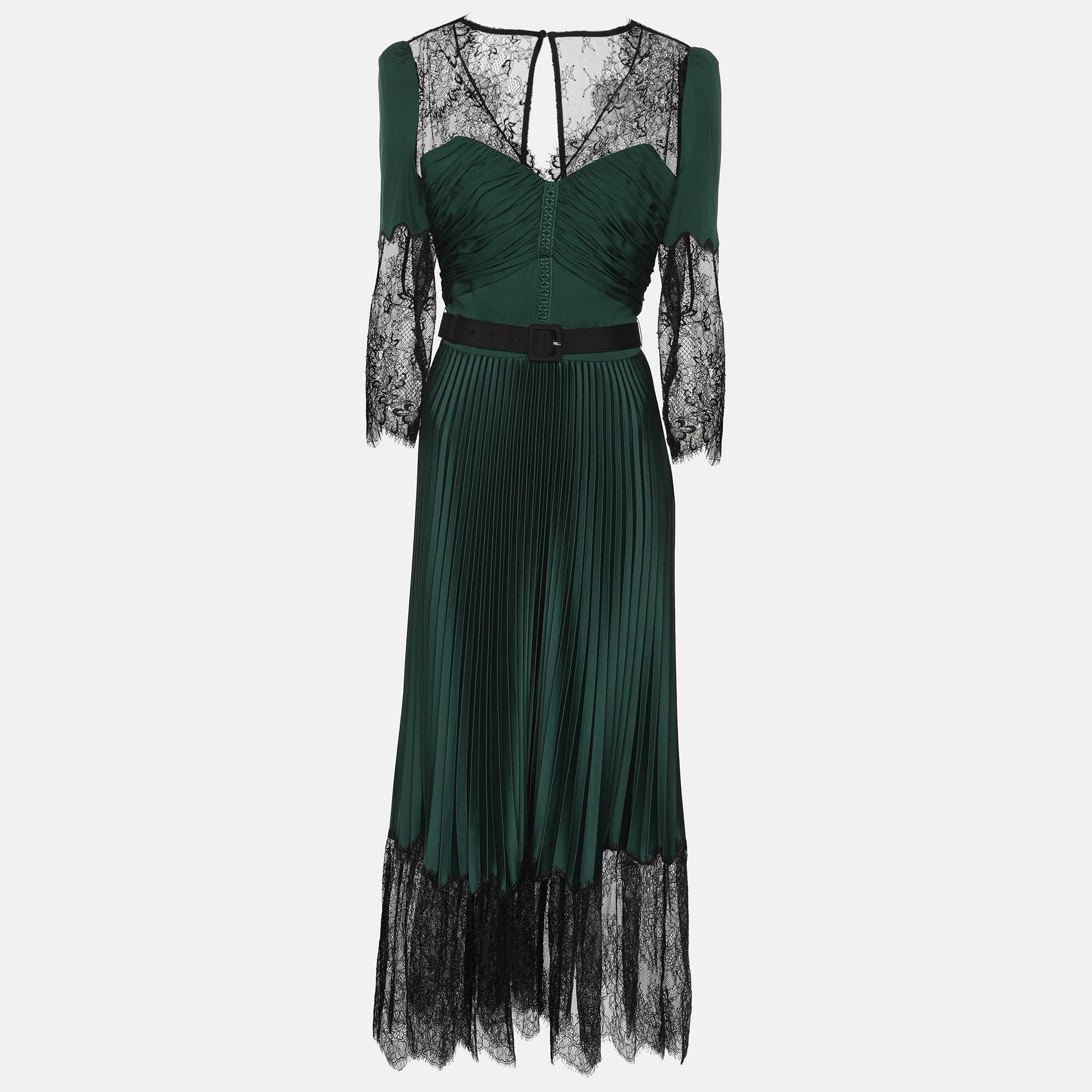 

Self-Portrait Green/Black Satin and Lace Pleated Belted Midi Dress S
