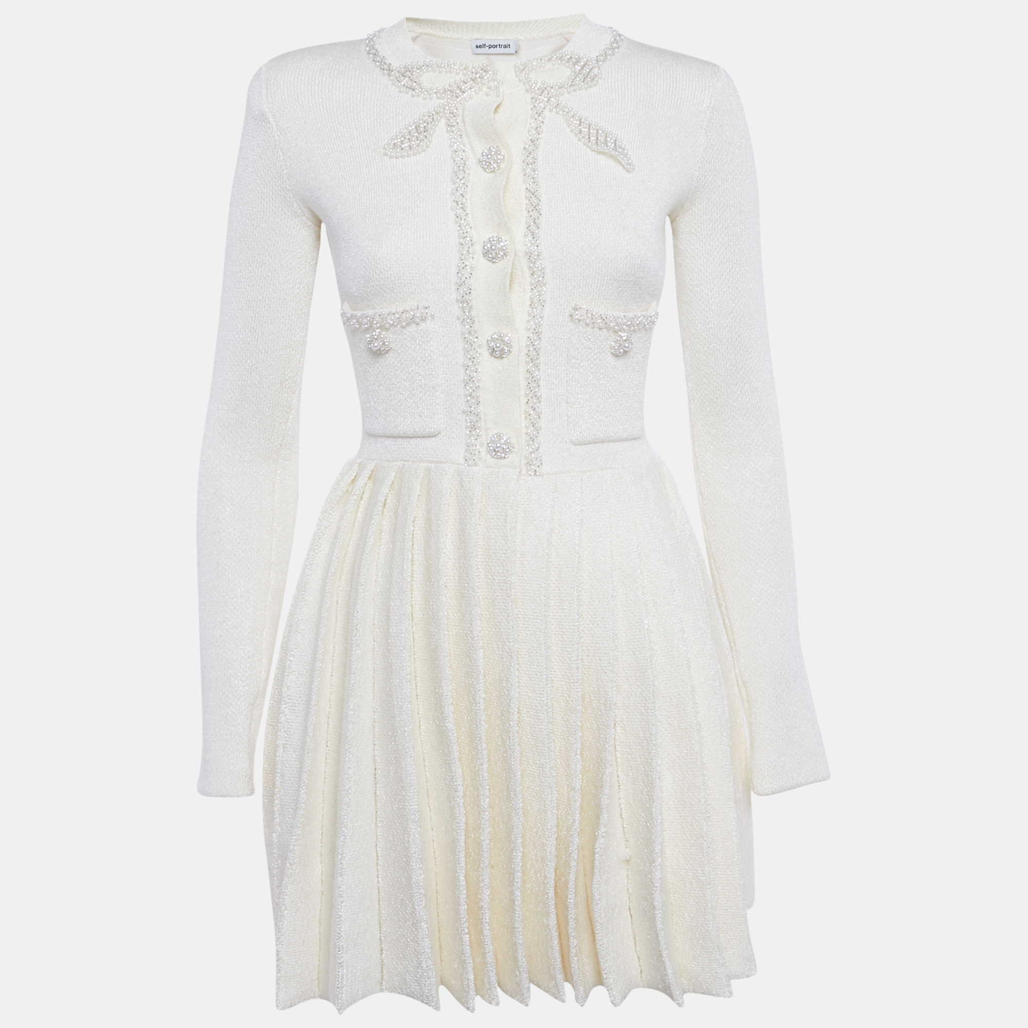 

Self-Portrait Cream Embellished Bow Pleated Knit Mini Dress S