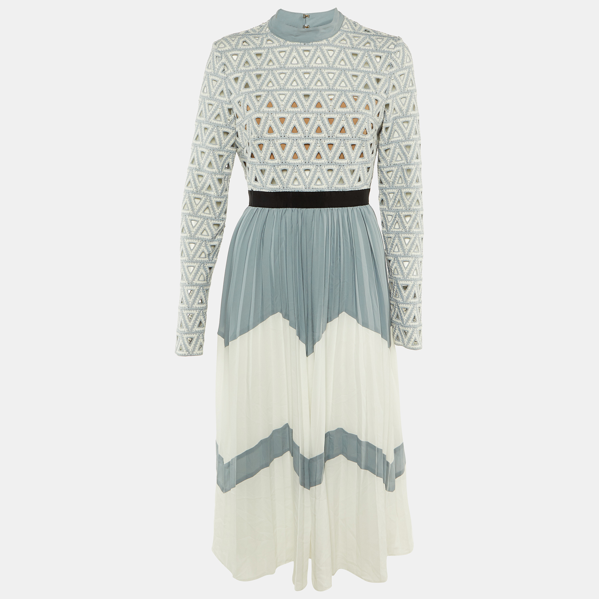 Pre-owned Self-portrait Blue /white Crochet & Crepe Pleated Midi Dress M