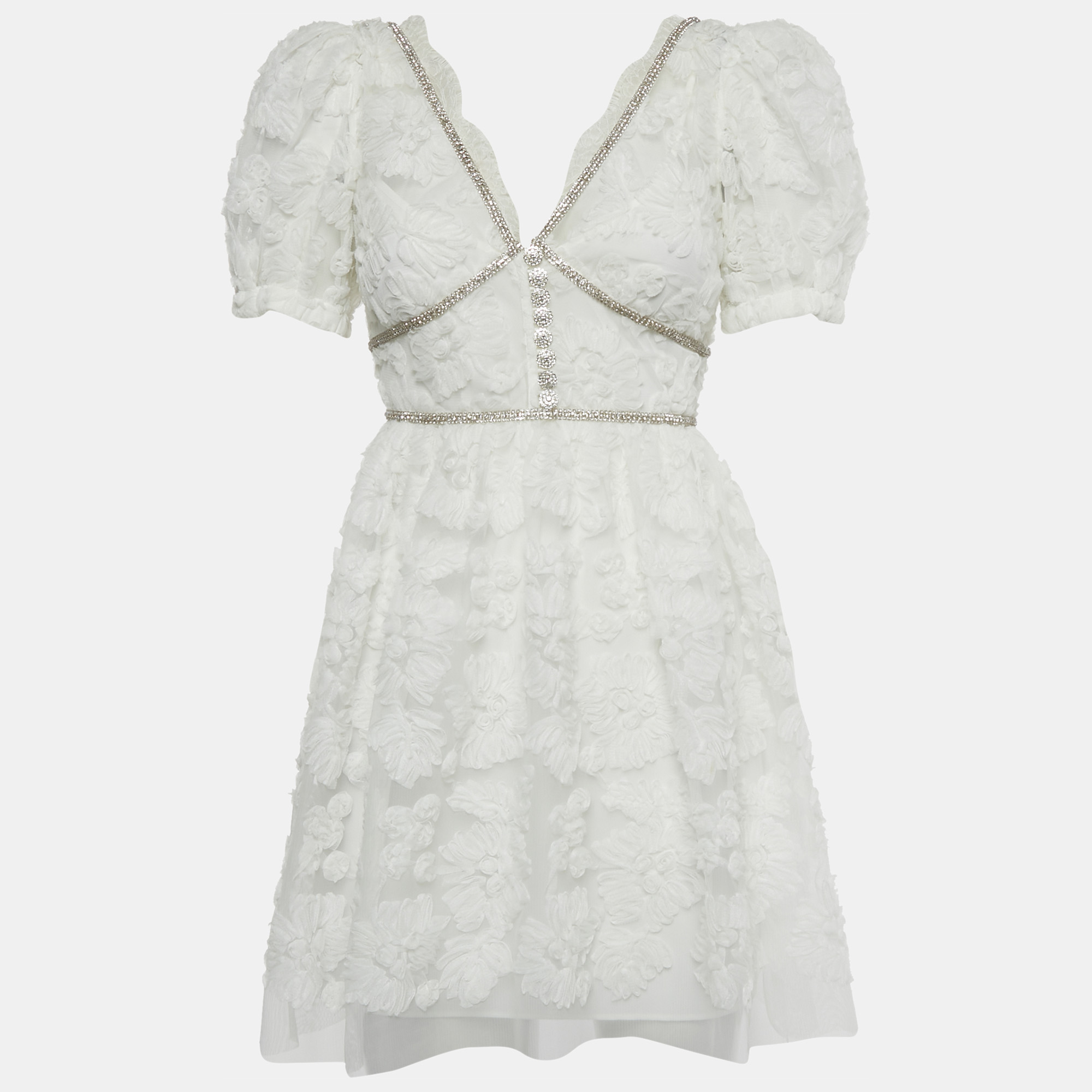 Pre-owned Self-portrait White Crystal Embellished Ribbon Lace Mini Dress Xs