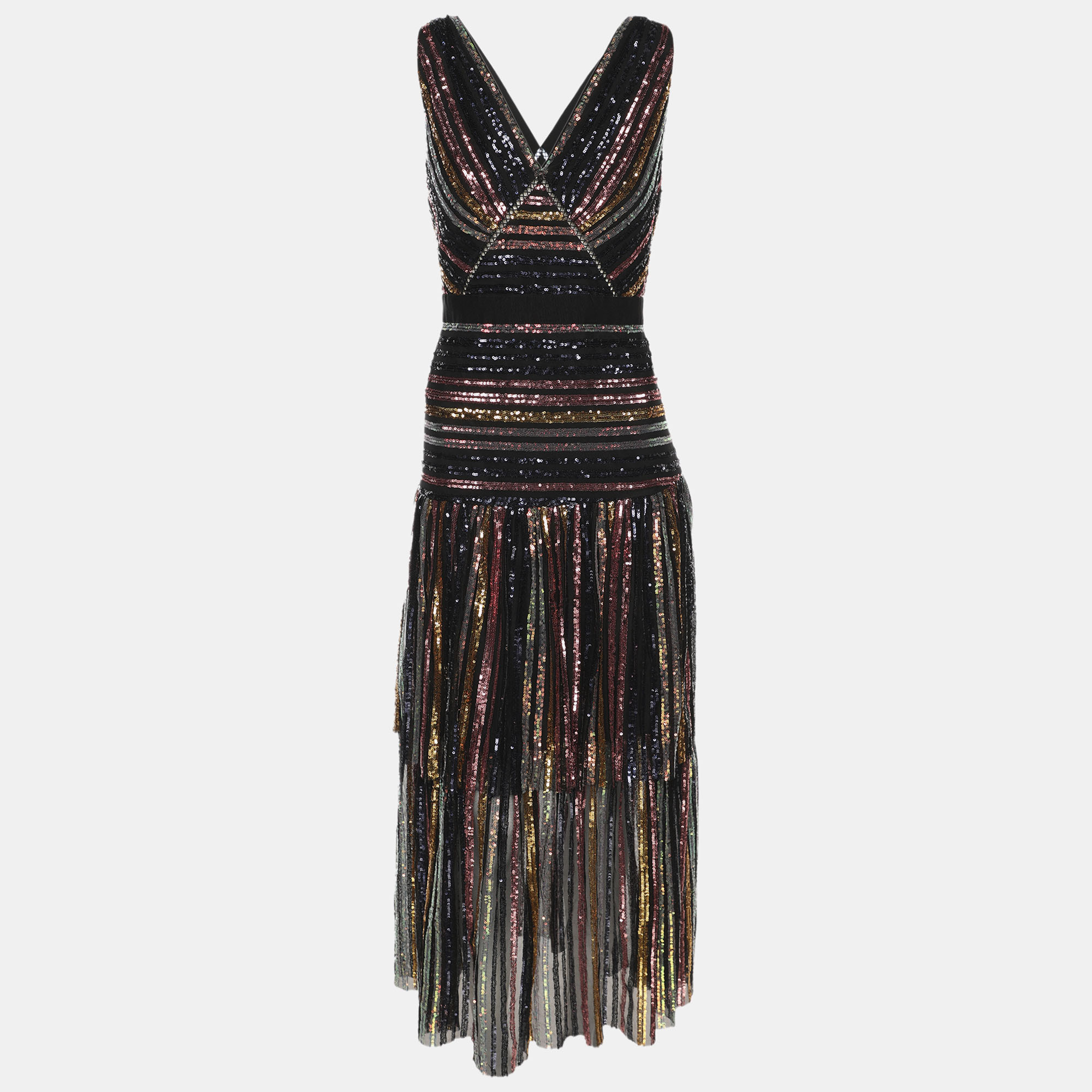 

Self-Portrait Black Striped Sequin Tulle Tiered Midi Dress M, Multicolor