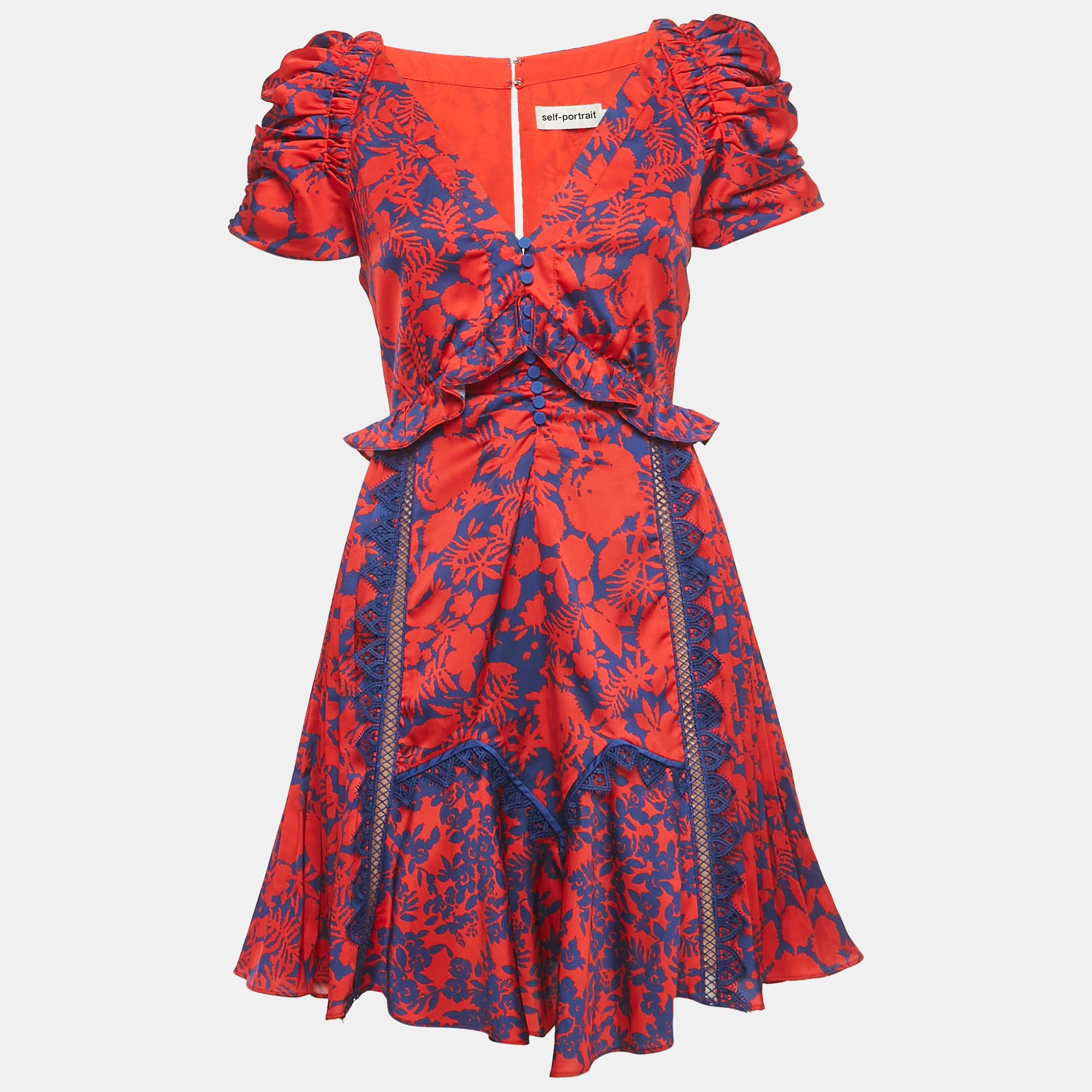 

Self-Portrait Red /Blue Printed Satin Lace Detail Mini Dress S