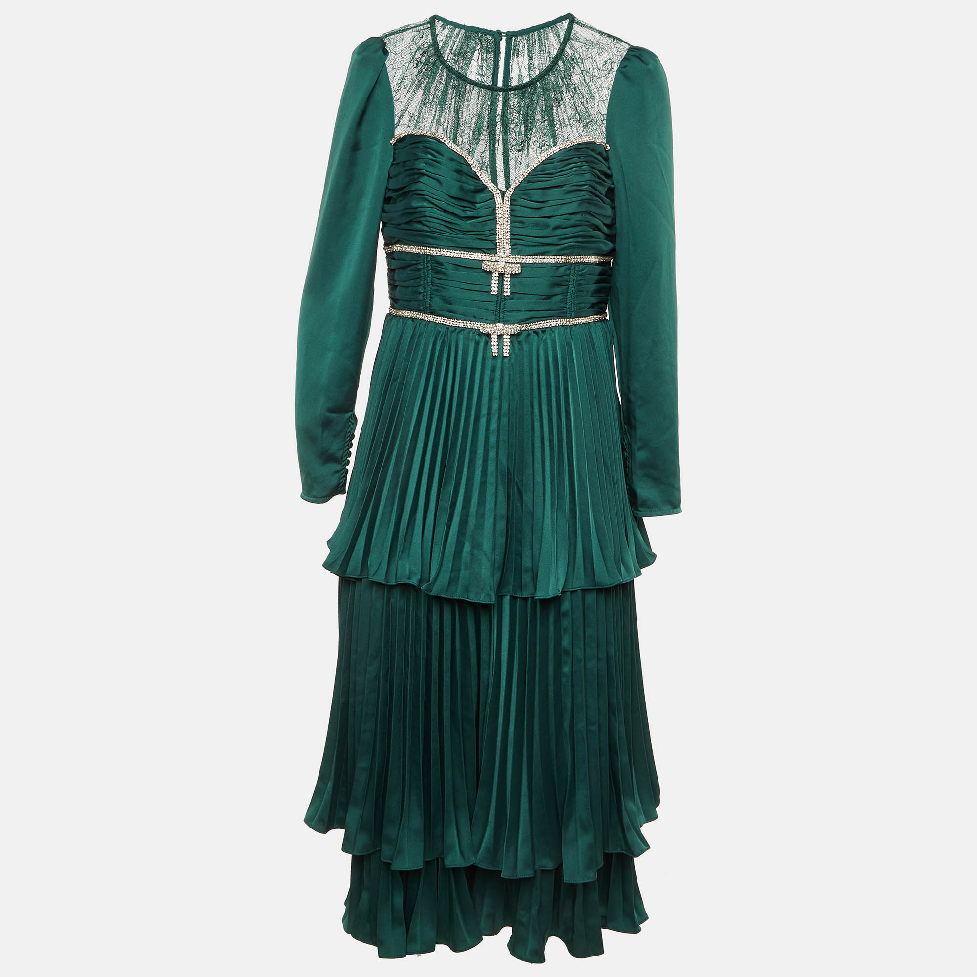 

Self-Portrait Green Satin Crystal Embellished Tiered Maxi Dress L