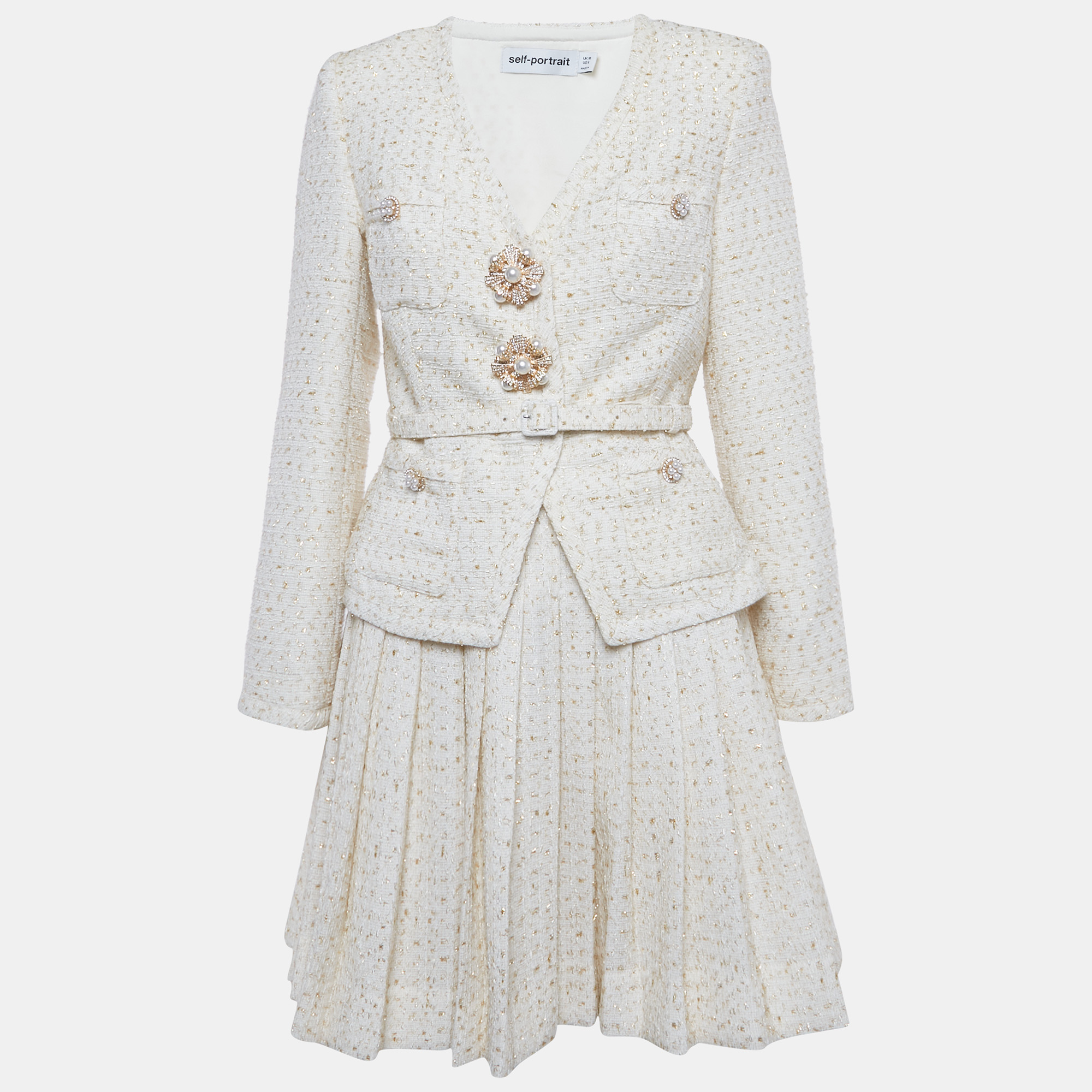 Pre-owned Self-portrait Cream Metallic Boucle Mini Jacket Dress M In White
