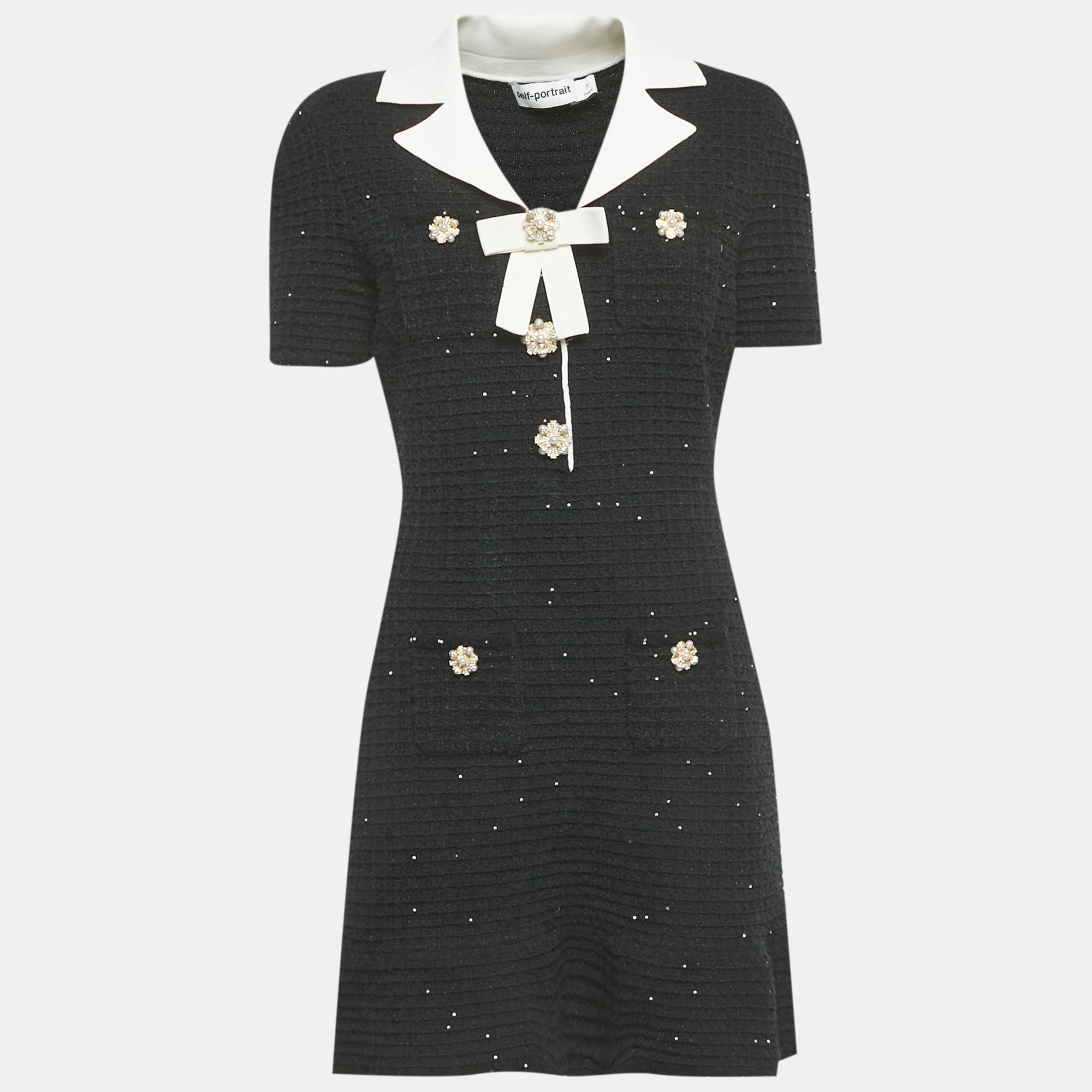 Pre-owned Self-portrait Black Sequin Tweed Knit Bow Mini Dress M