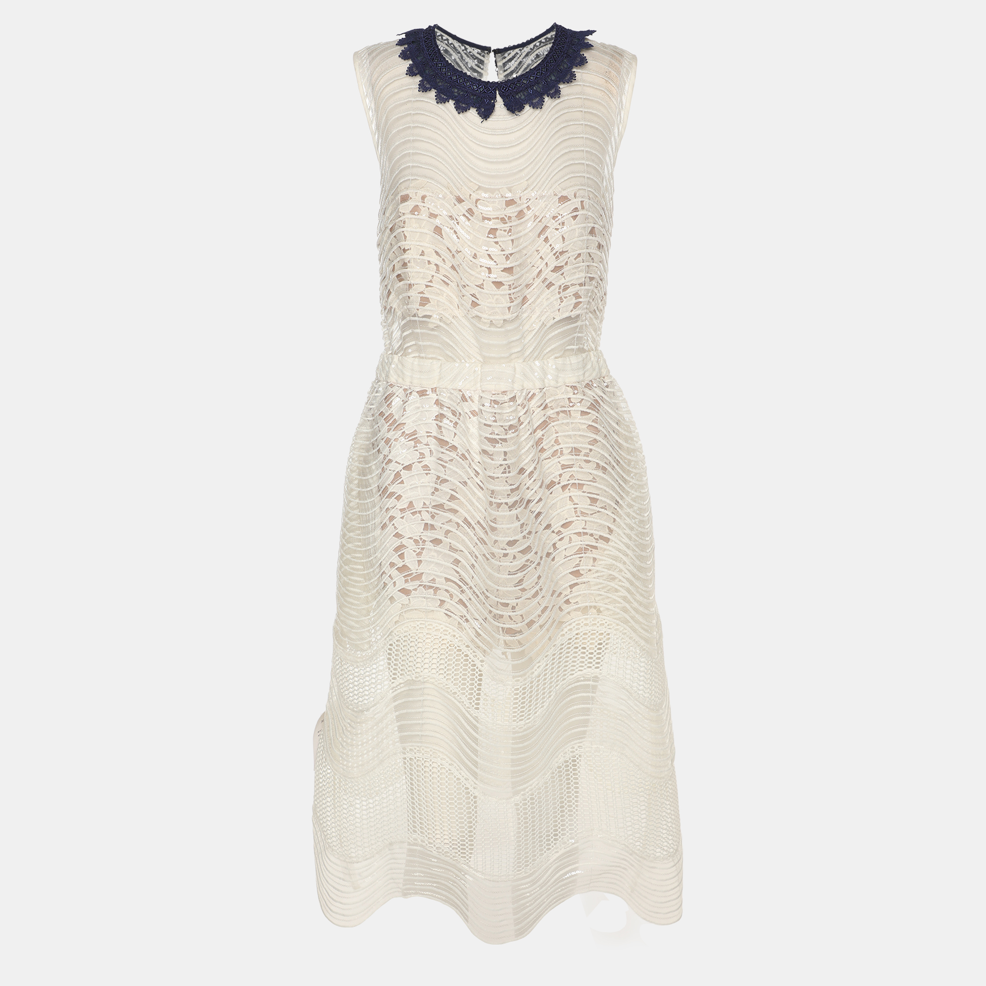 Pre-owned Self-portrait White Sequined Lace Romper Detail Sleeveless Midi Dress M