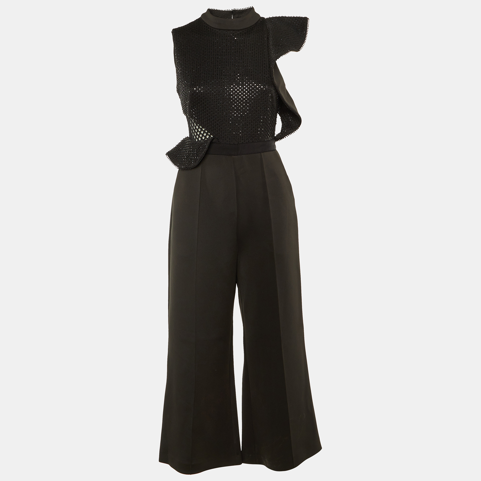 

Self-Portrait Black Bead Embellished Jersey Ruffled Jumpsuit M