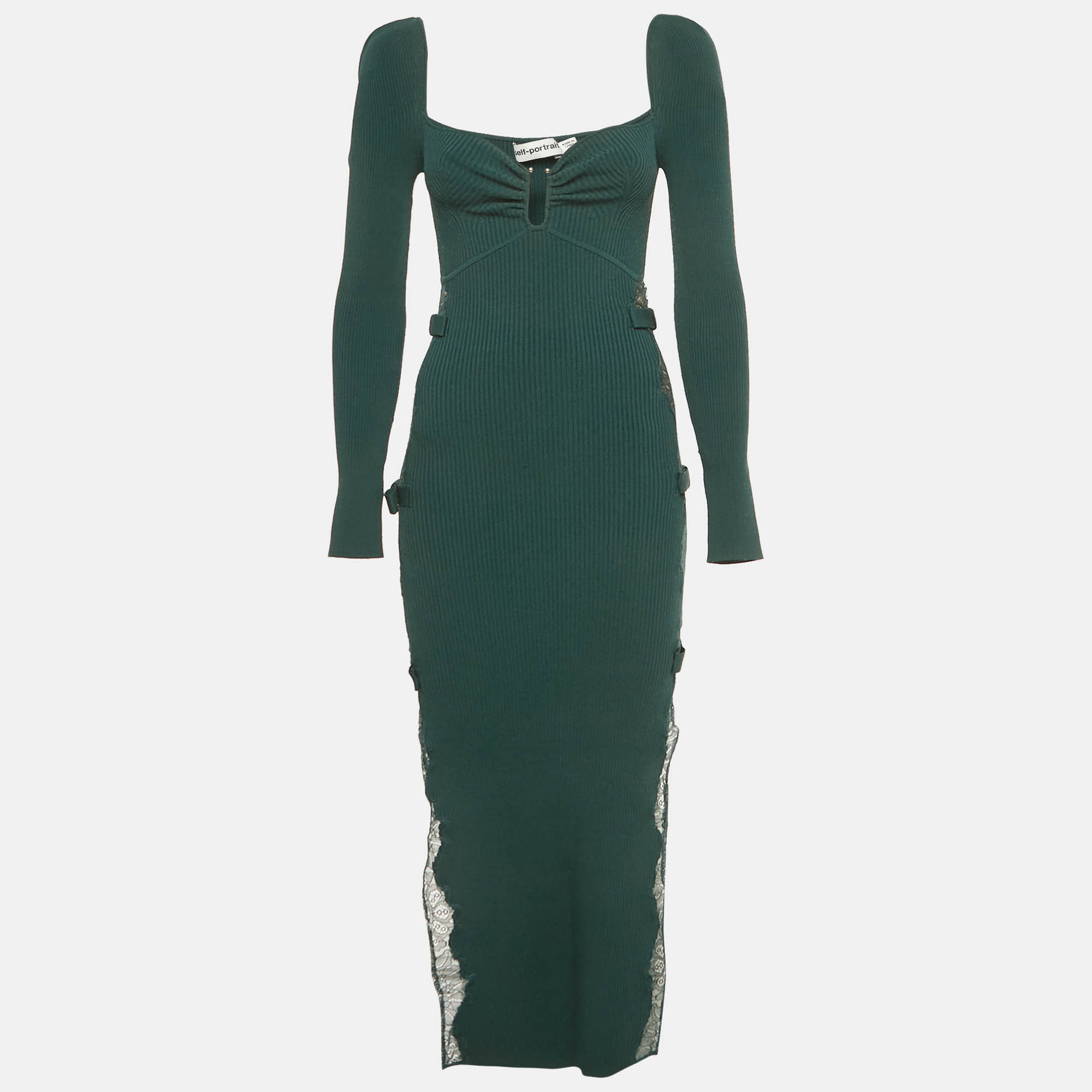 

Self-Portrait Deep Green Lace Inserts Rib Knit Midi Dress S