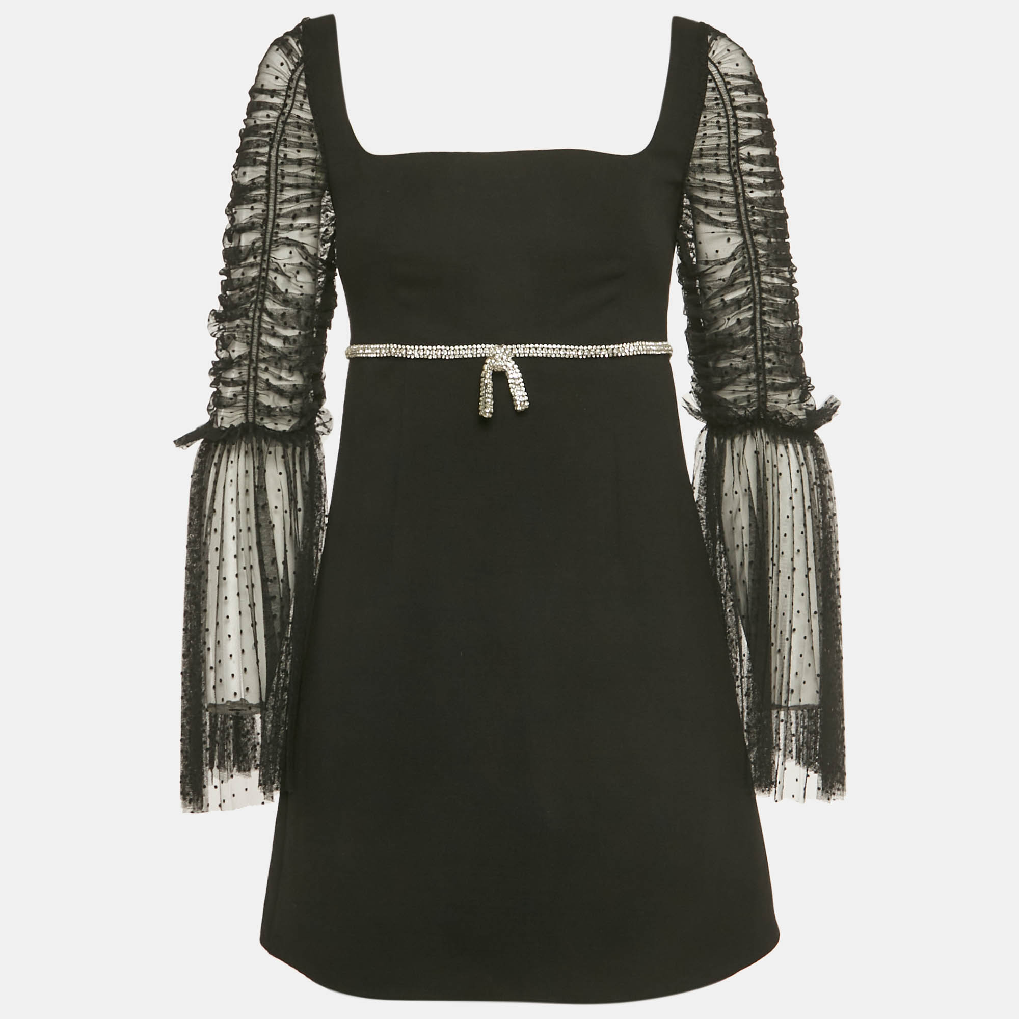 

Self-Portrait Black Dot Mesh and Crepe Diamante Bow Mini Dress S