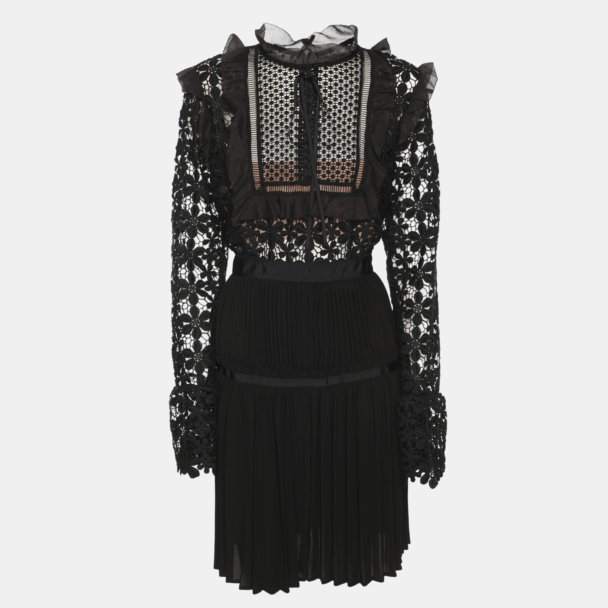 

Self-Portrait Black Guipure Lace & Organza Trim Pleated Adeline Dress L