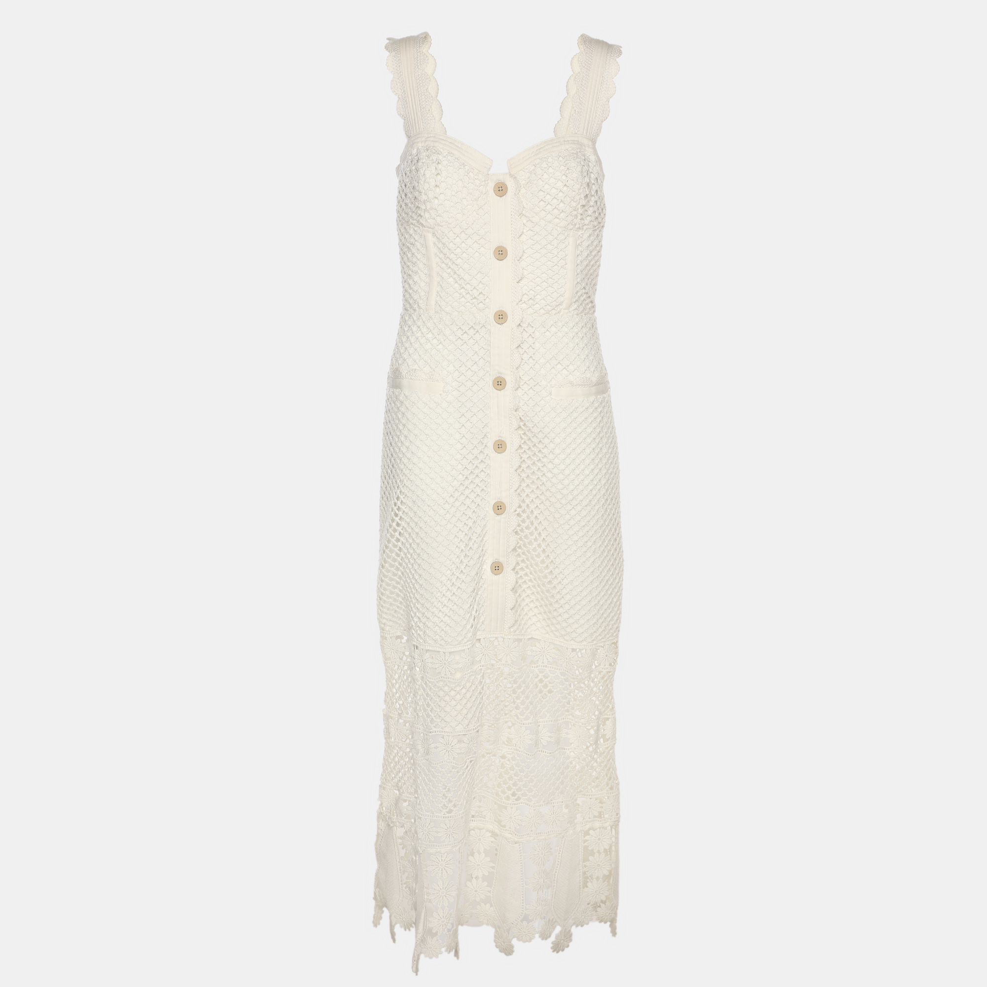 Pre-owned Self-portrait White Fishnet Crochet And Lace Midi Dress M