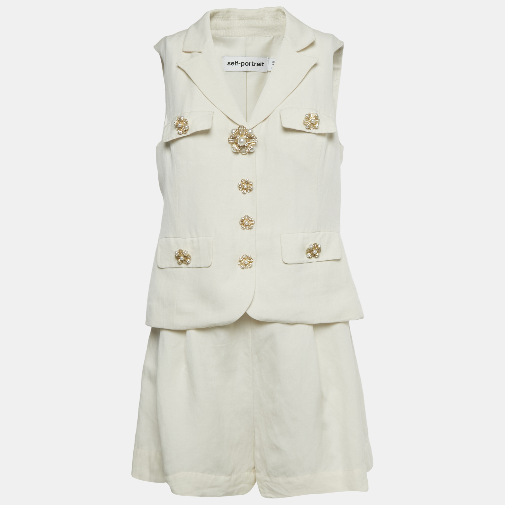 Pre-owned Self-portrait Cream Linen Blend Playsuit M In White