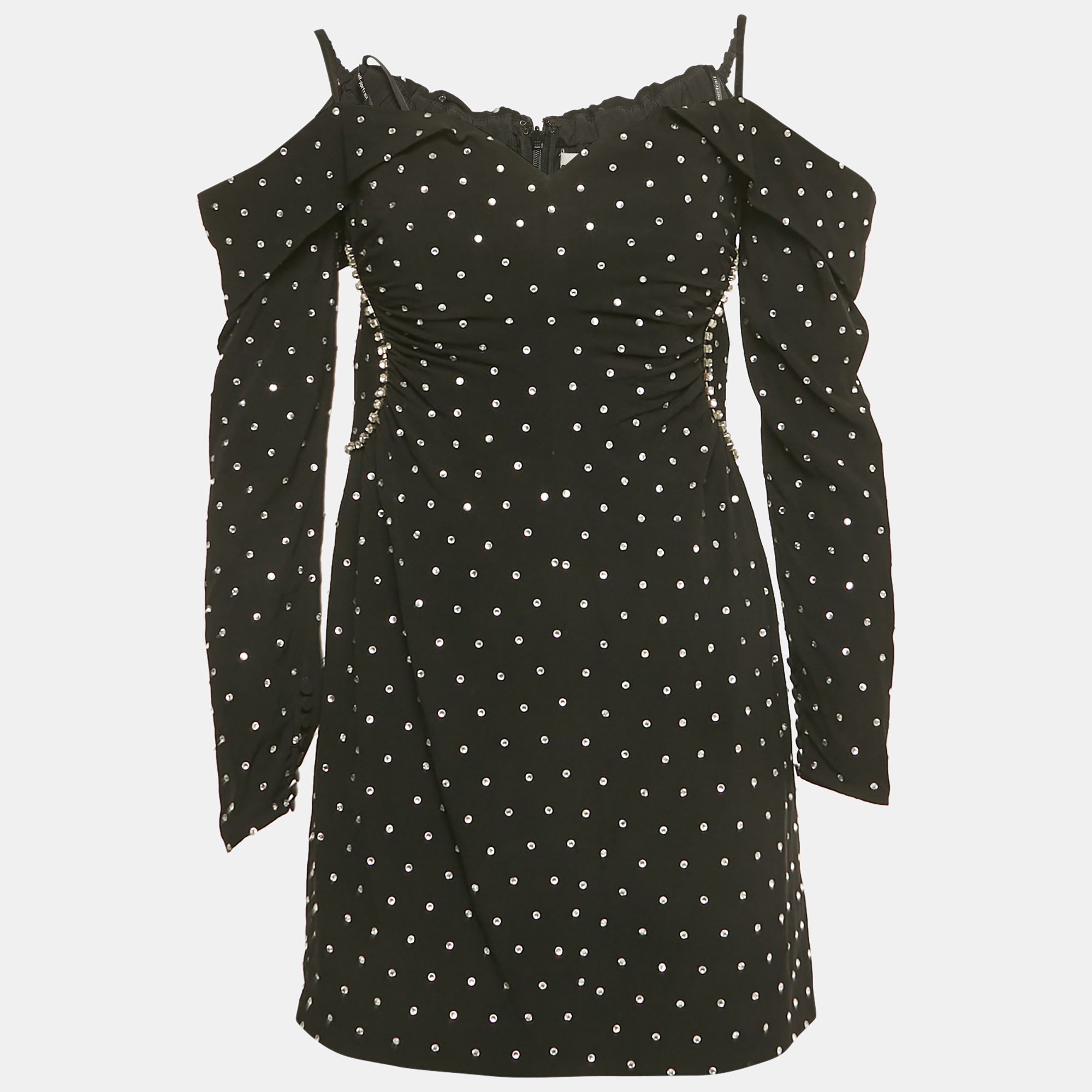 Pre-owned Self-portrait Black Crepe Diamante Off-shoulder Mini Dress M
