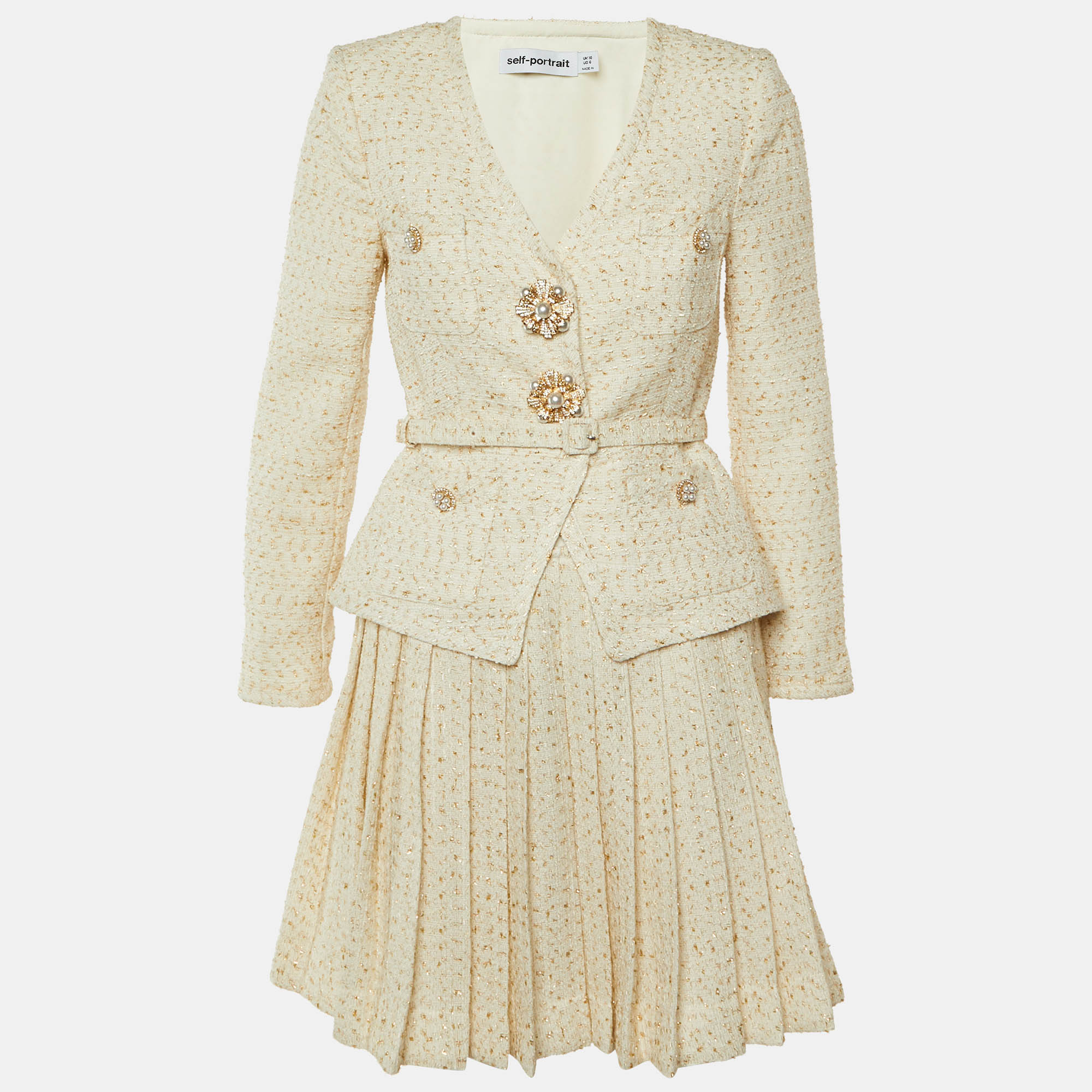 

Self-Portrait Cream Metallic Boucle Mini Jacket Dress M