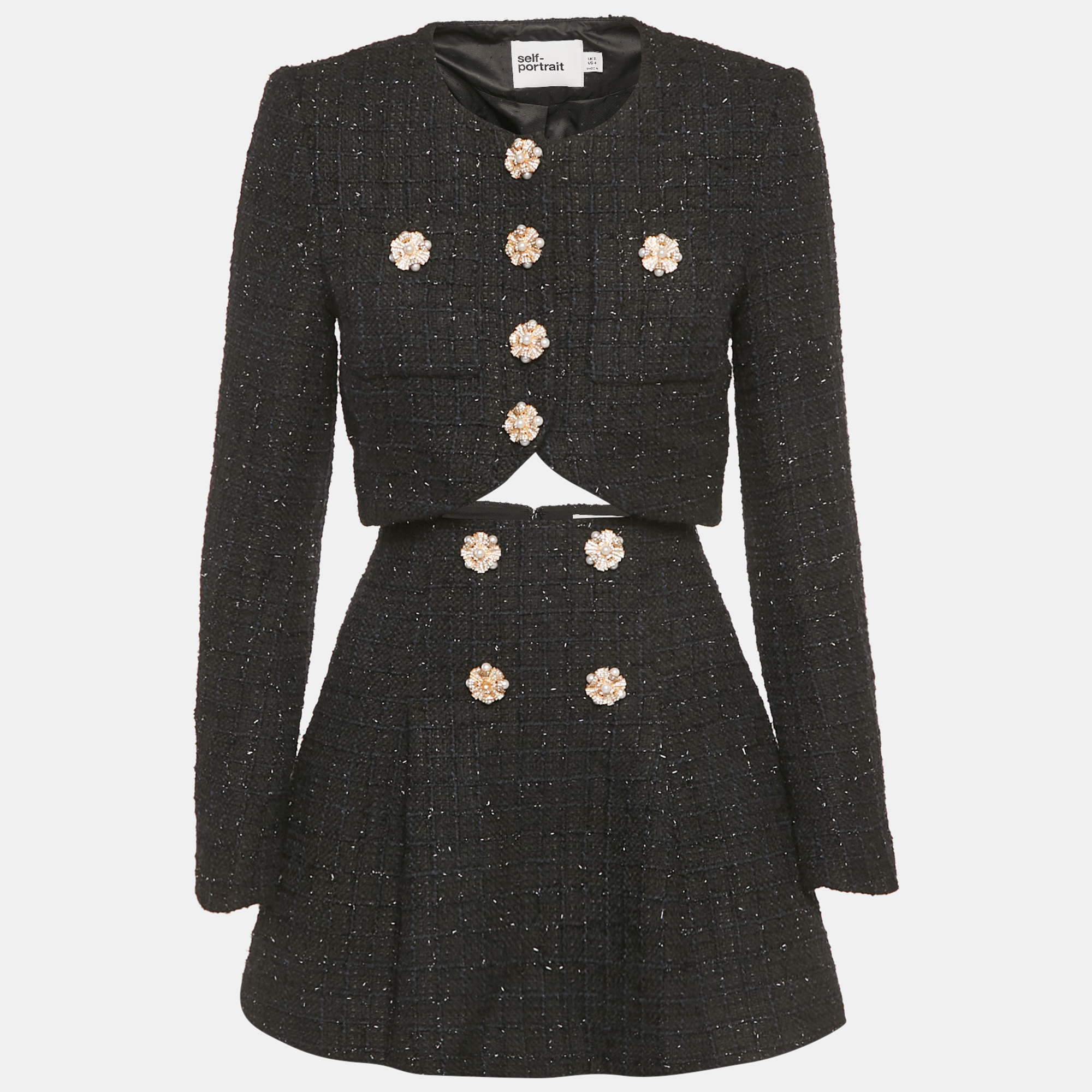 

Self-Portrait Black Lurex Tweed Cropped Jacket & Mini Skirt Set S