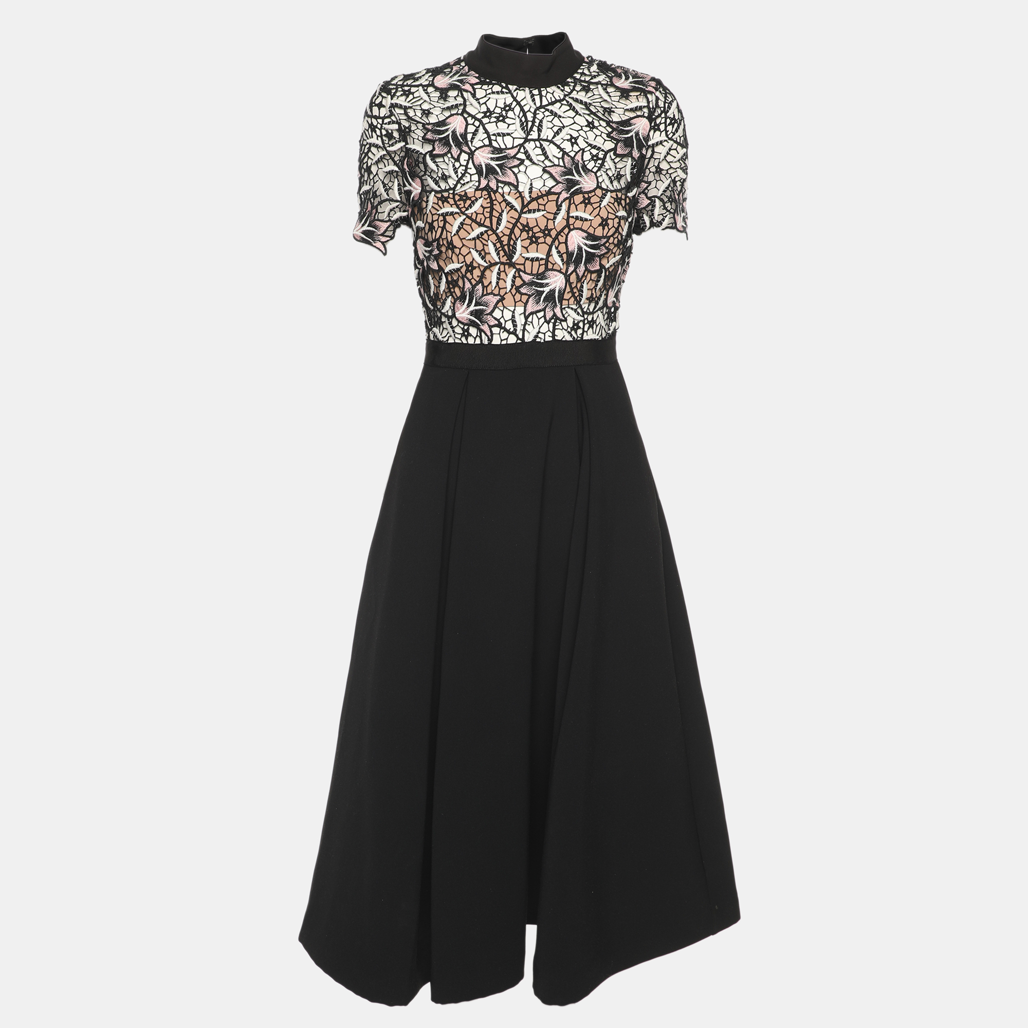 

Self-Portrait Black Lace Trim Crepe Midi Dress S
