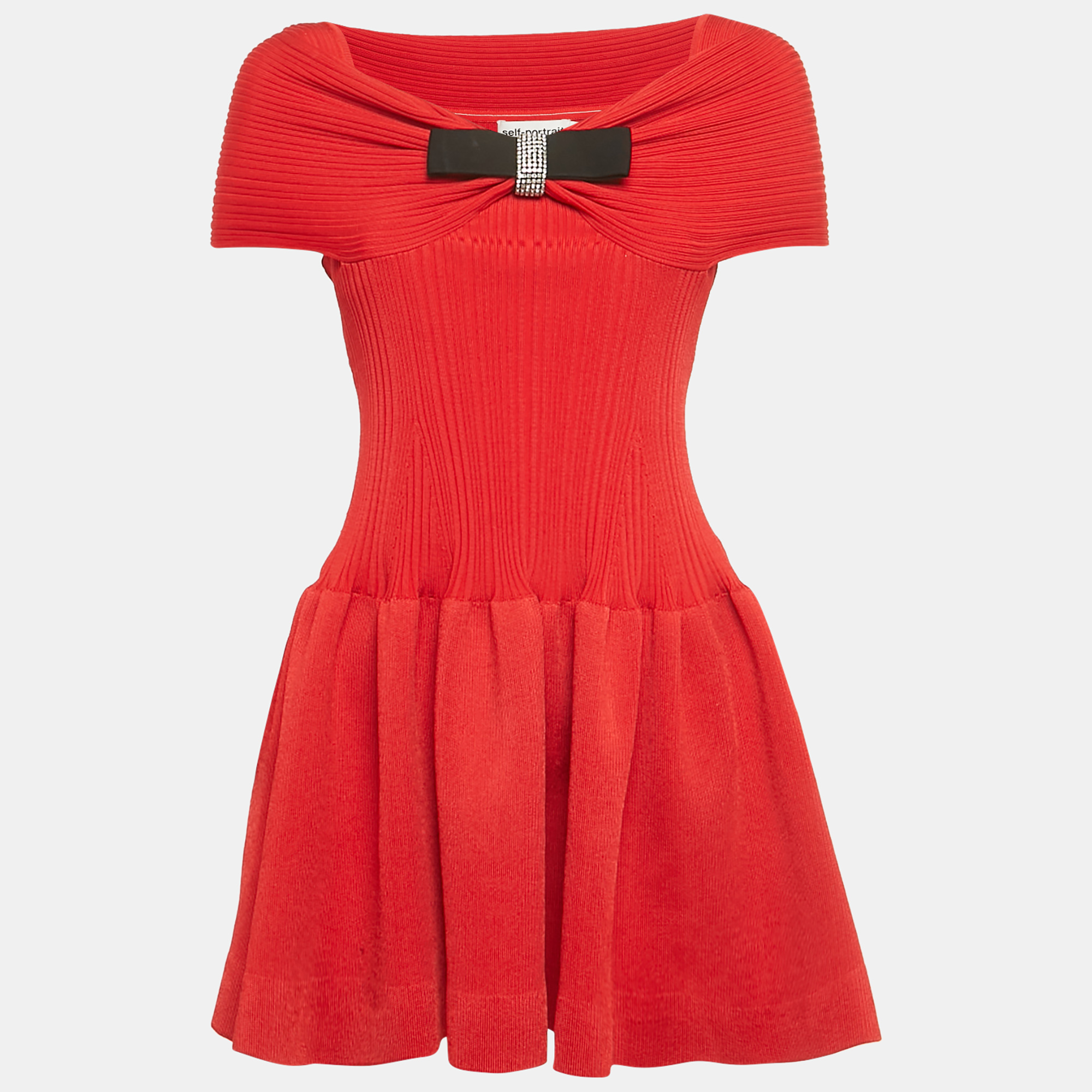 

Self-Portrait Red Knit Off-Shoulder Bow Mini Dress XS