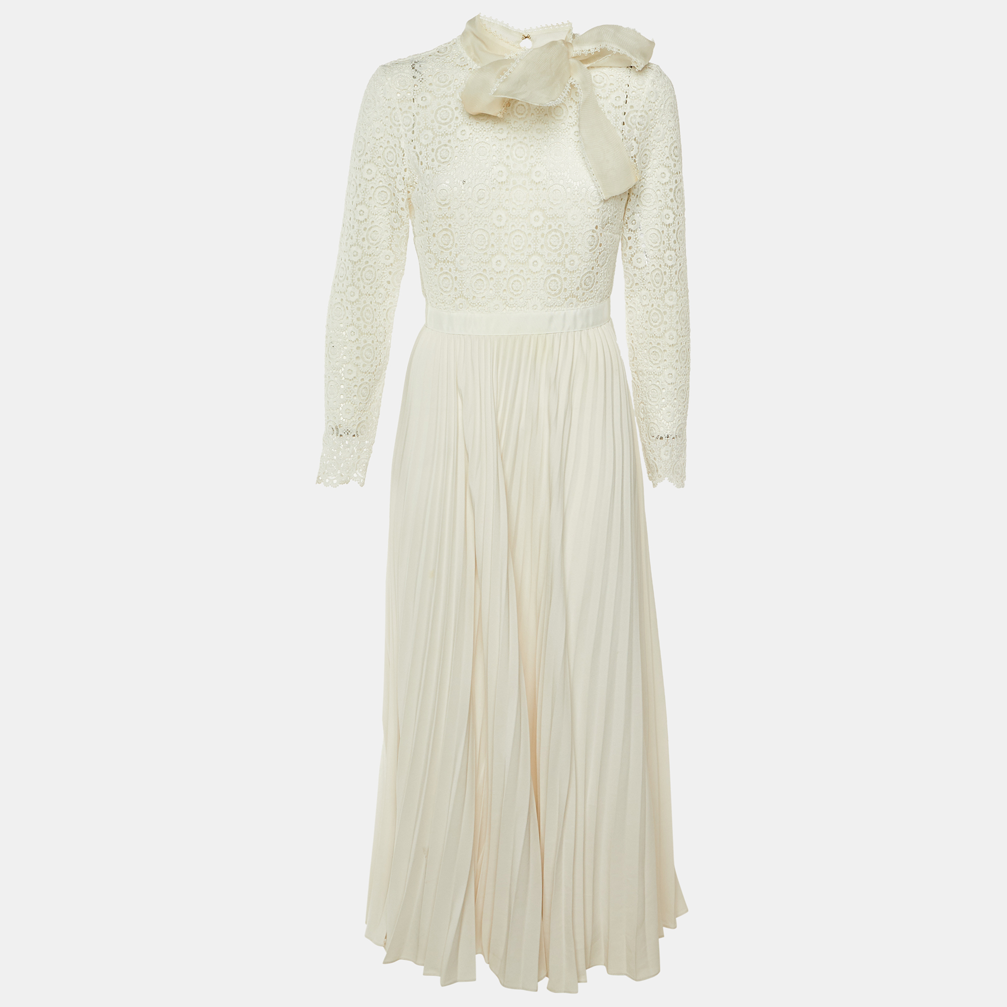 

Self-Portrait Ivory Lace & Plisse Neck Tie Detail Wedding Gown M, White