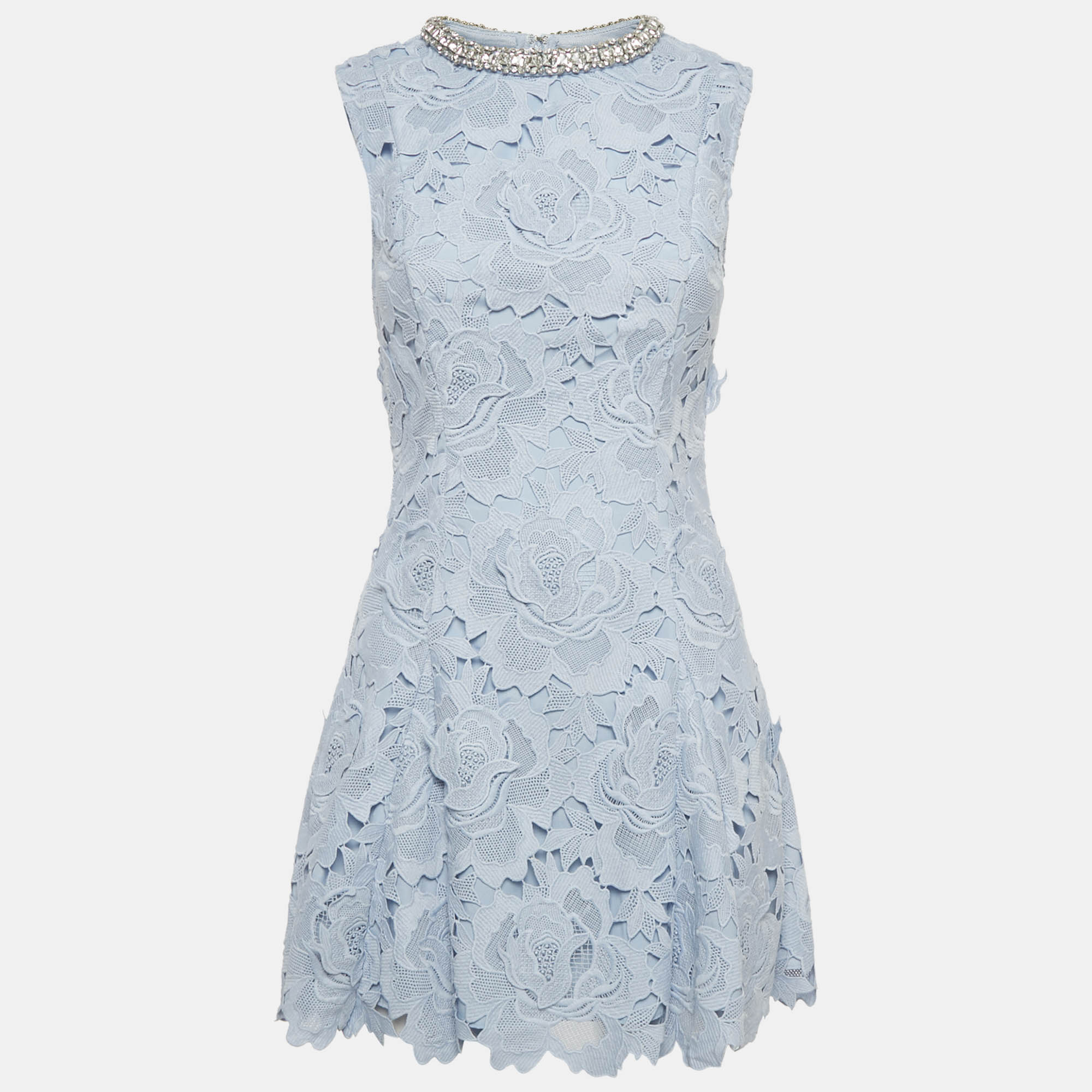 Self-Portrait Blue Flower Lace Crystal Detail Mini Dress S