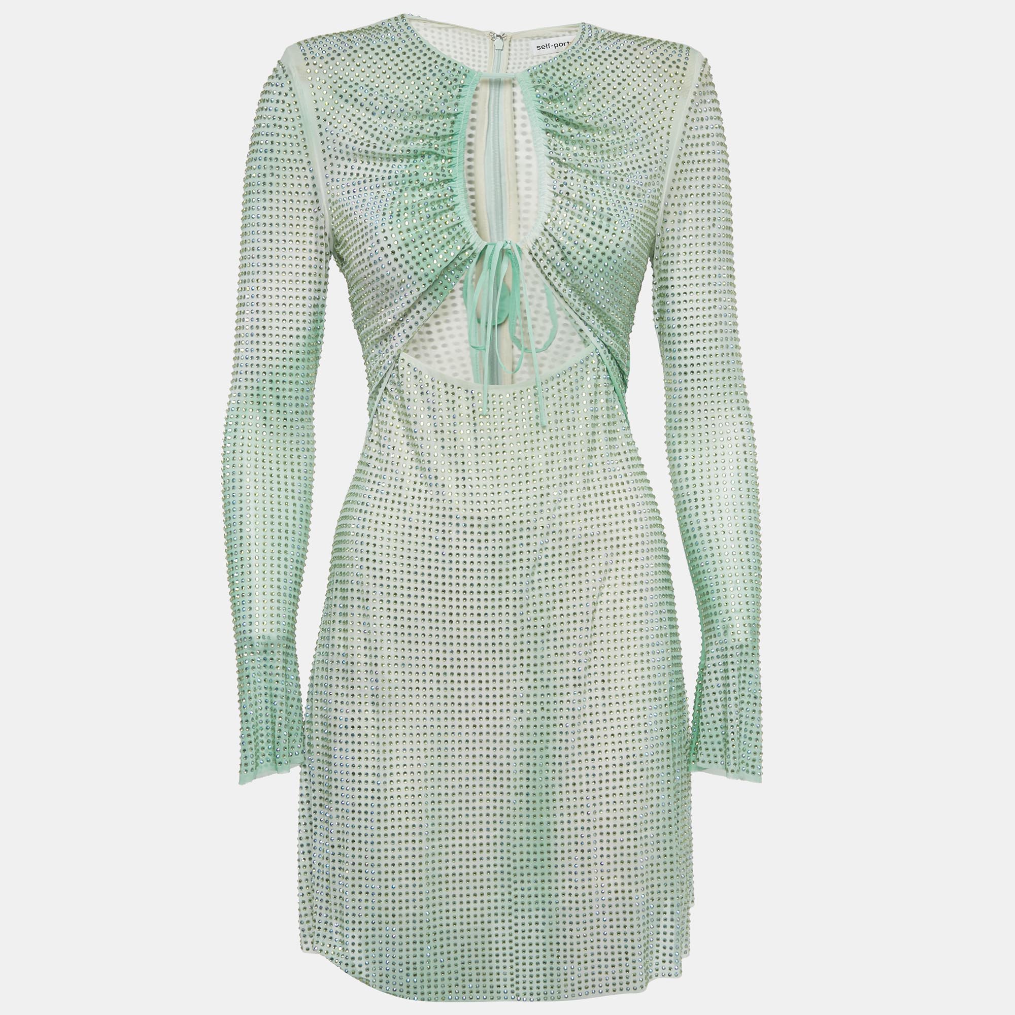 

Self-Portrait Green Ombre Crystal embellished Mesh Mini Dress M