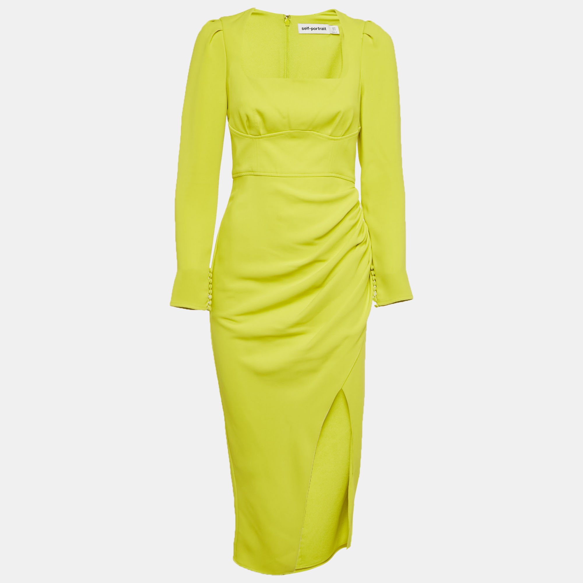 

Self-Portrait Green Crepe Ruche Midi Dress S, Yellow