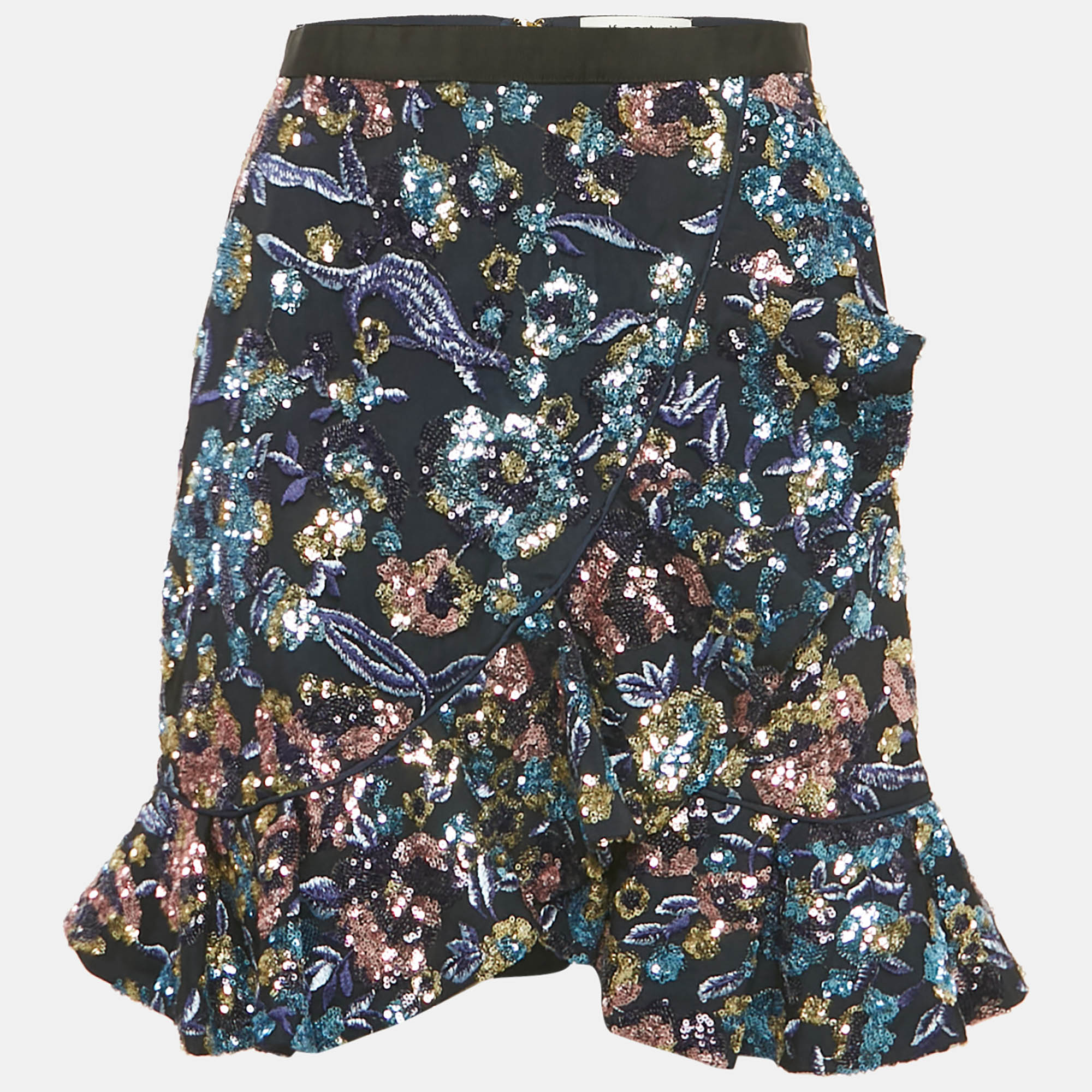 

Self-Portrait Blue Floral Sequin & Mesh Mini Skirt M, Navy blue