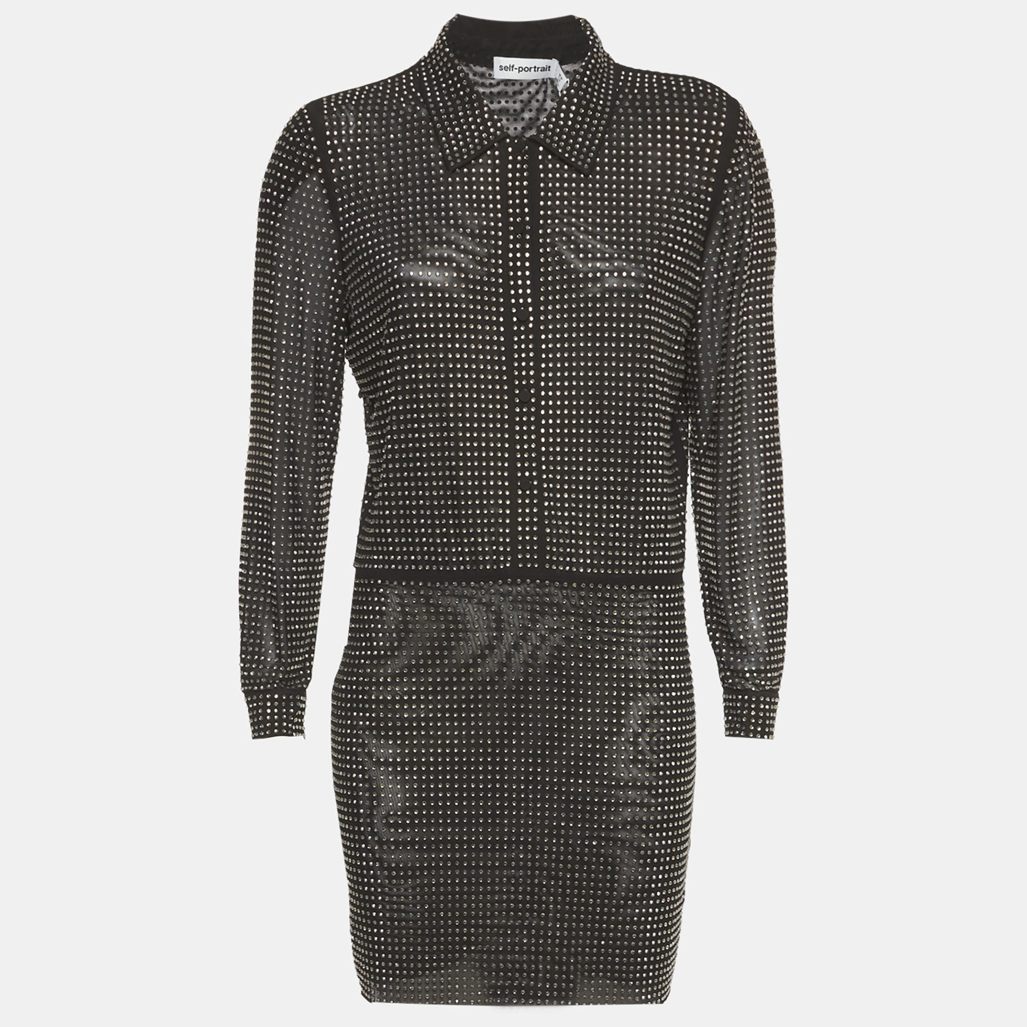 

Self-Portrait Black Mesh Rhinestone Mini Shirt Dress M