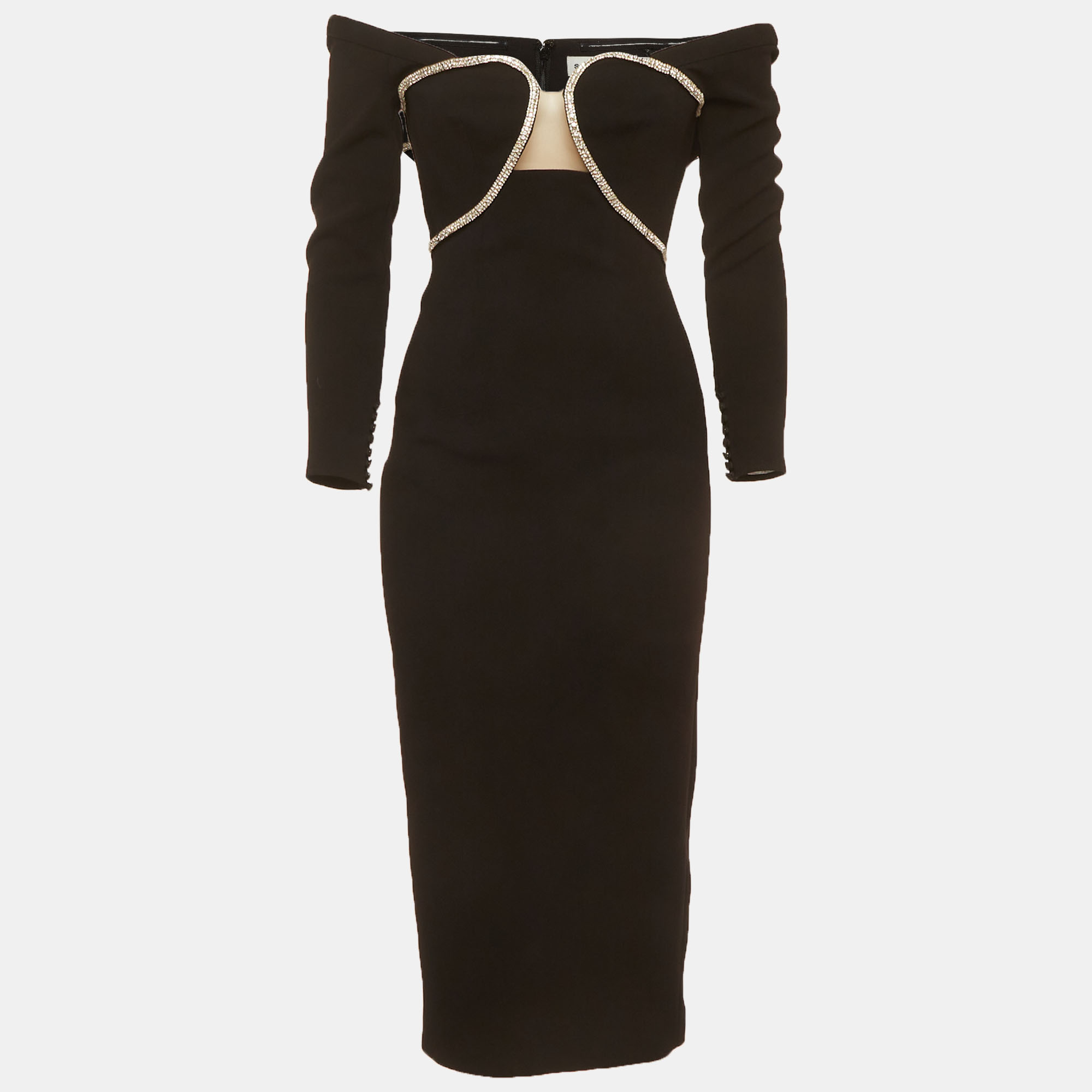 

Self-Portrait Black Stretch Crepe Crystal Off-Shoulder Midi Dress XS