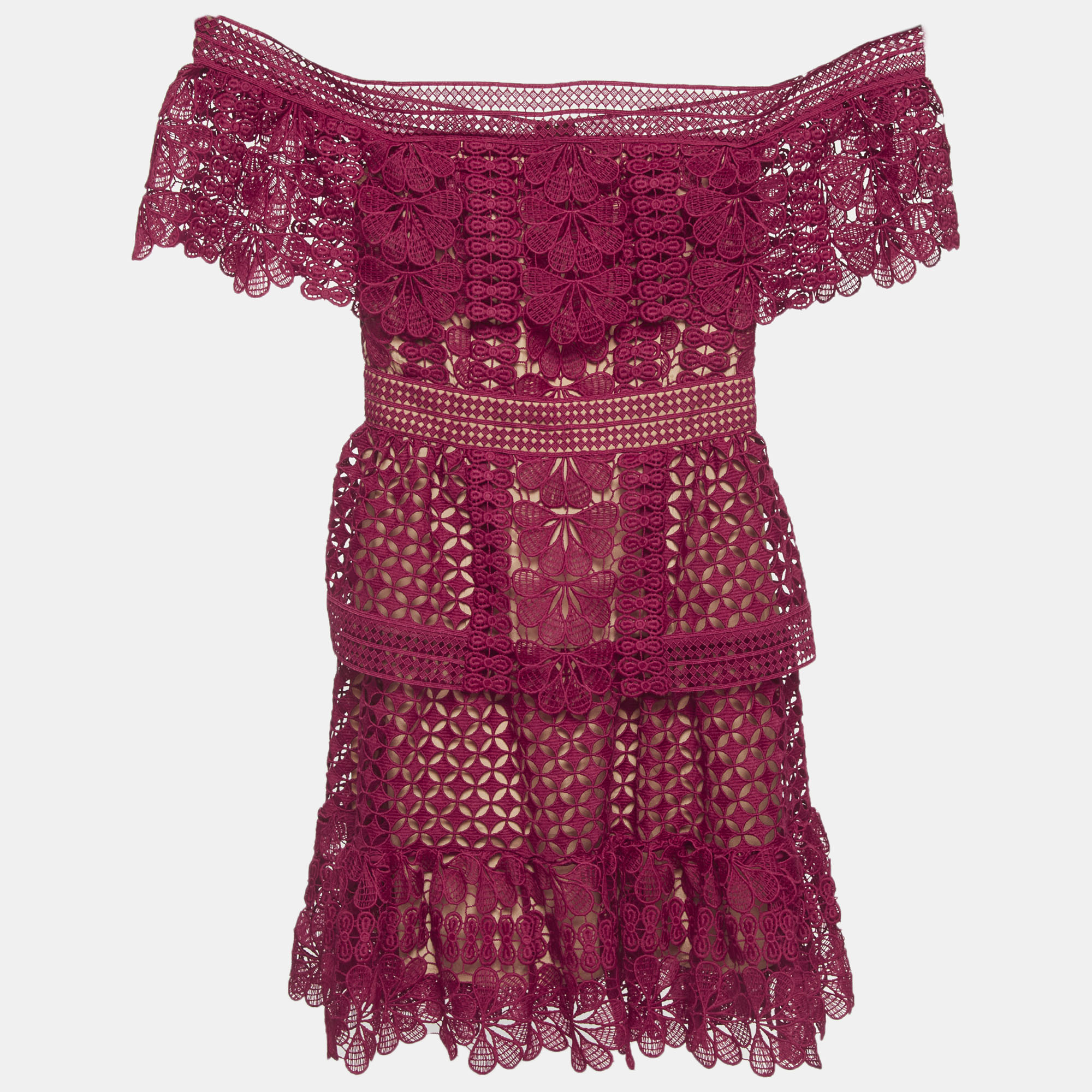 

Self-Portrait Burgundy Guipure Lace Off Shoulder Mini Dress S