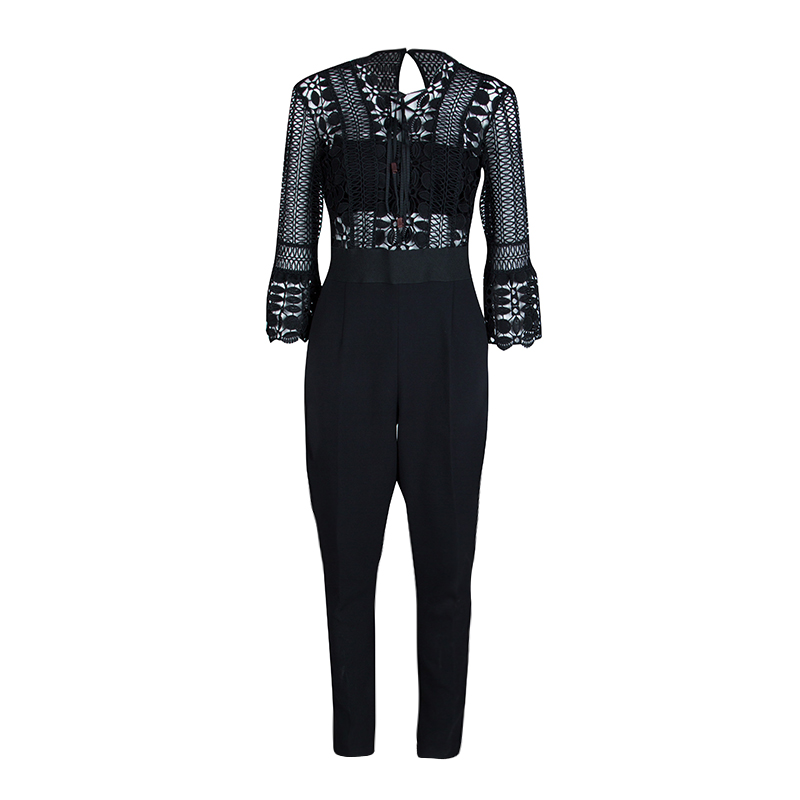 Pre Owned Self Portrait Black Guipure Lace Eliza Jumpsuit M