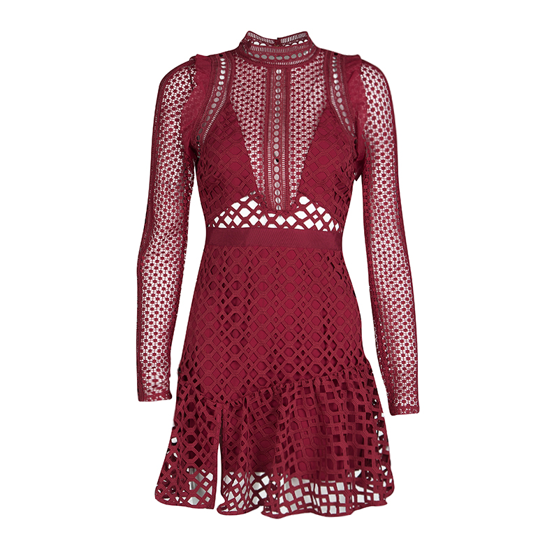 Self Portrait Raspberry Red Hall Lace Long Sleeve Dress S Self Portrait Tlc