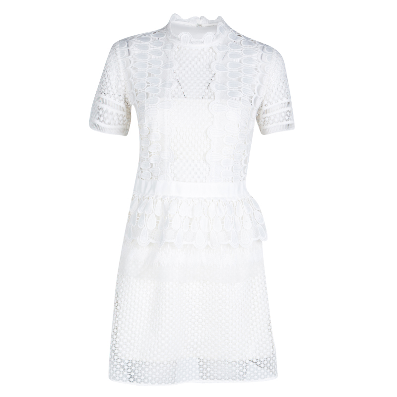 Pre Owned Self Portrait White Sculptured Tear Drop Peplum Dress M