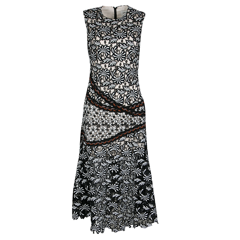 Pre Owned Self Portrait Monochrome Mixed Lace Antoinette Sleeveless Midi Dress M